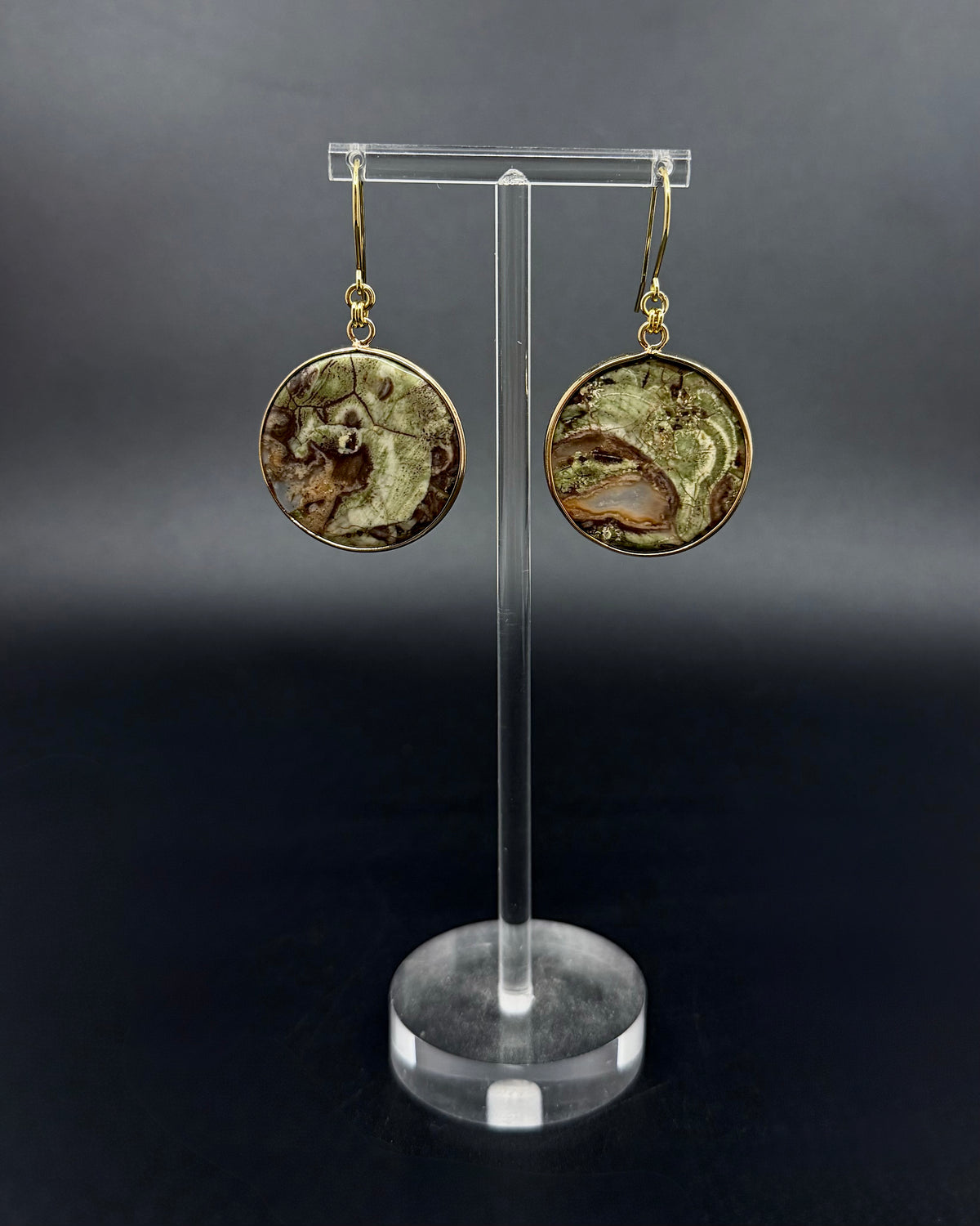 Nebulae Trace Earrings in Kambaba Jasper featuring 30mm deep green gemstone discs with gold stainless steel hooks, celestial statement earrings by Lawless Jewellery