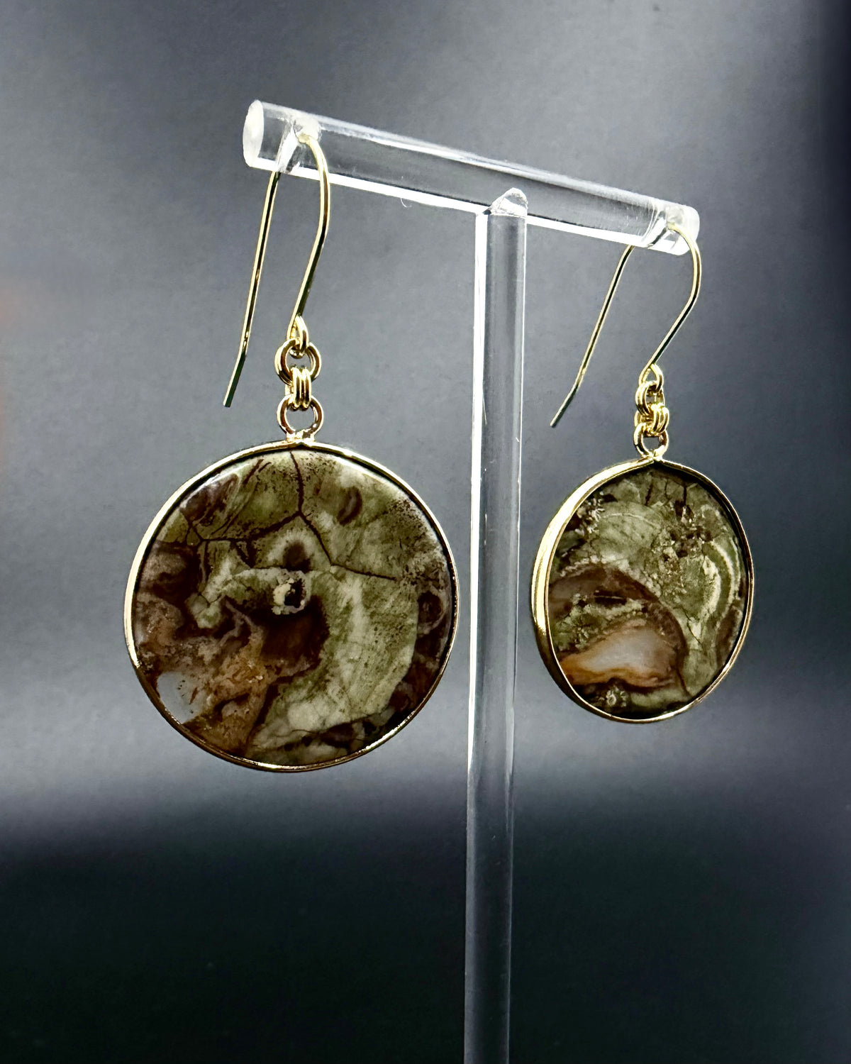 Nebulae Trace Earrings in Kambaba Jasper featuring 30mm deep green gemstone discs with gold stainless steel hooks, celestial statement earrings by Lawless Jewellery