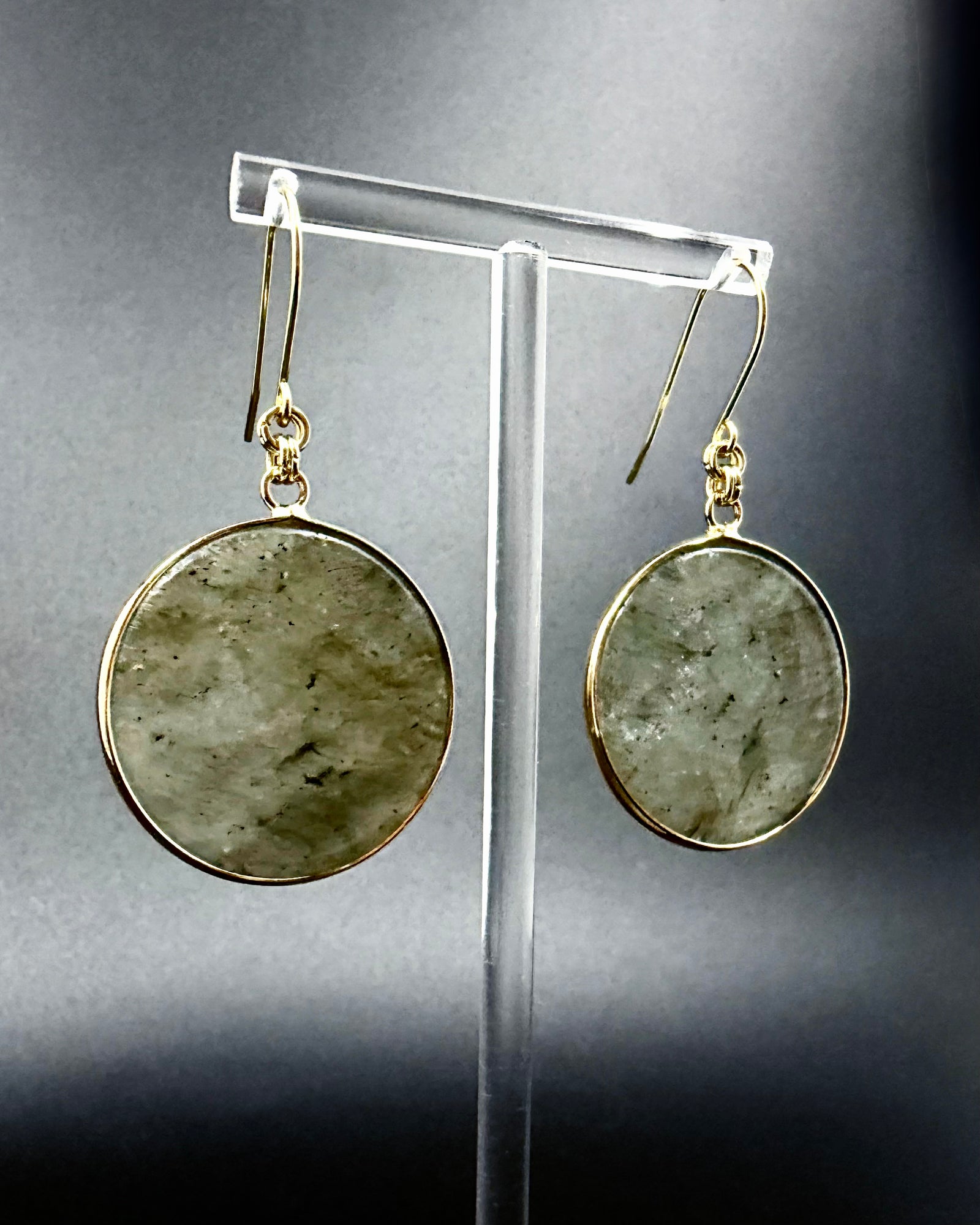 Nebulae Trace Earrings in Labradorite with 30mm grey gemstone discs showing blue iridescent flash and gold stainless steel hooks, celestial drop earrings by Lawless Jewellery
