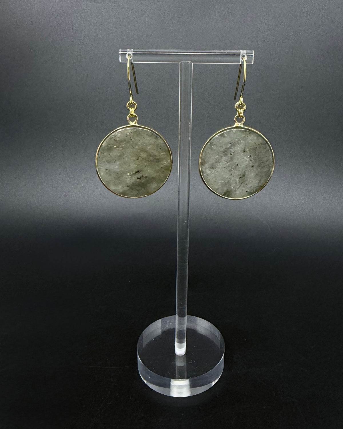 Nebulae Trace Earrings in Labradorite with 30mm grey gemstone discs showing blue iridescent flash and gold stainless steel hooks, celestial drop earrings by Lawless Jewellery