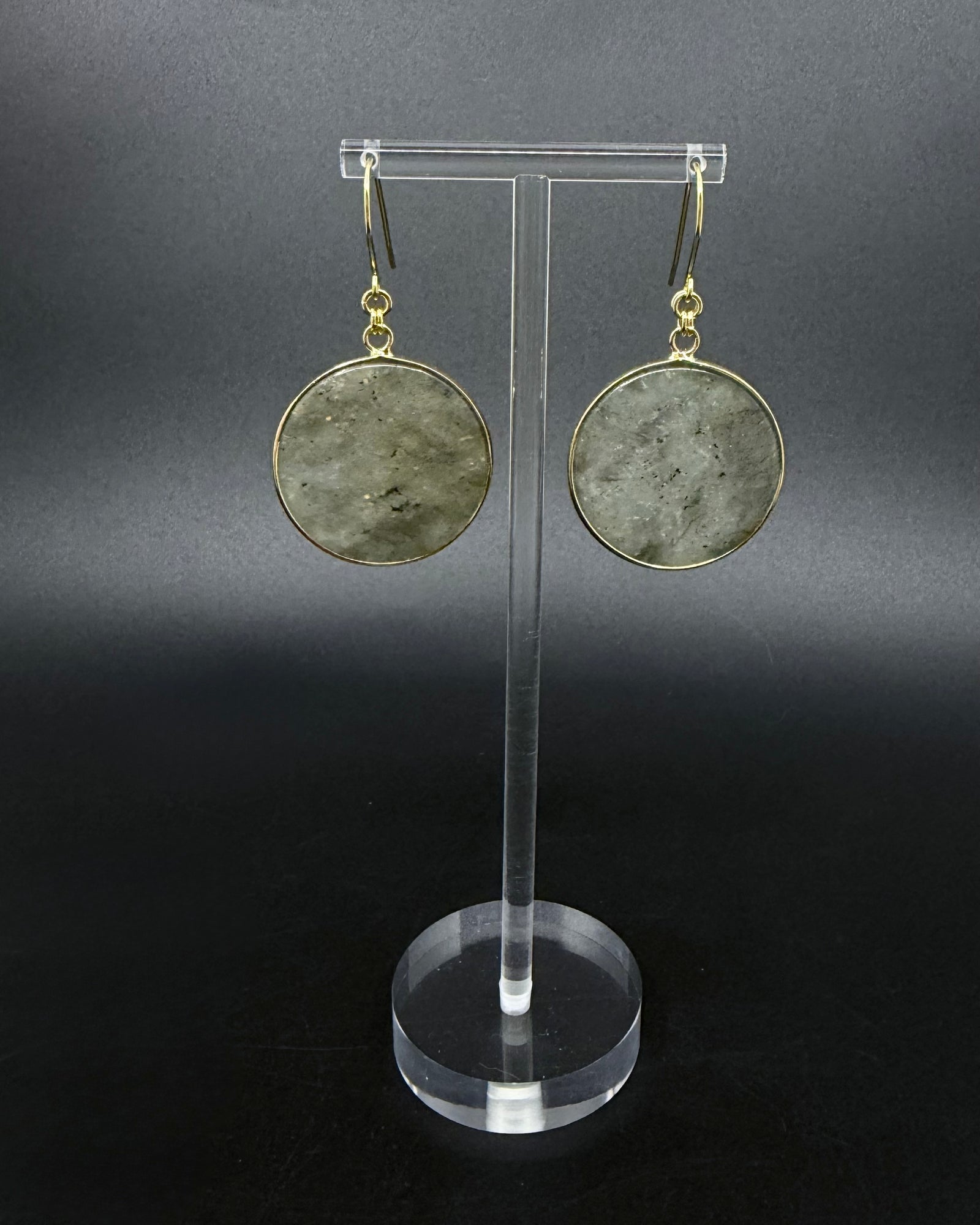 Nebulae Trace Earrings in Labradorite with 30mm grey gemstone discs showing blue iridescent flash and gold stainless steel hooks, celestial drop earrings by Lawless Jewellery