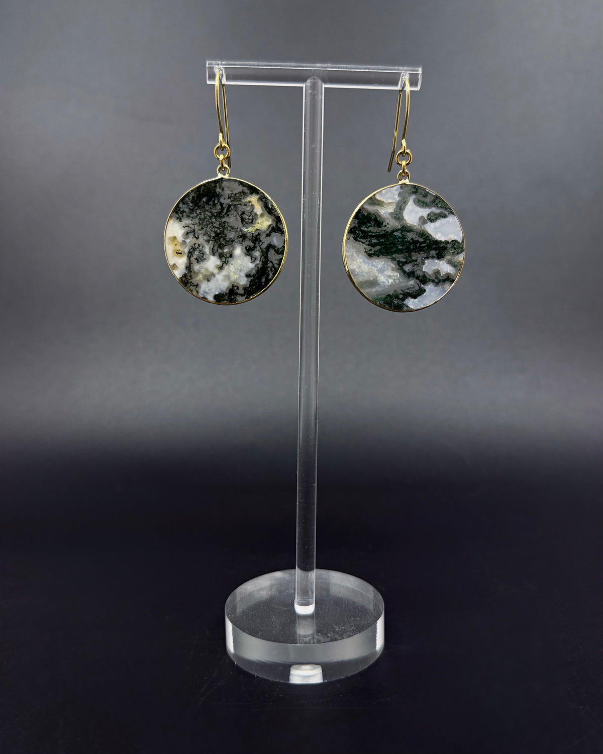 Nebulae Trace Earrings in Moss Agate featuring 30mm translucent white and green gemstone discs with gold stainless steel hooks, celestial drop earrings by Lawless Jewellery
