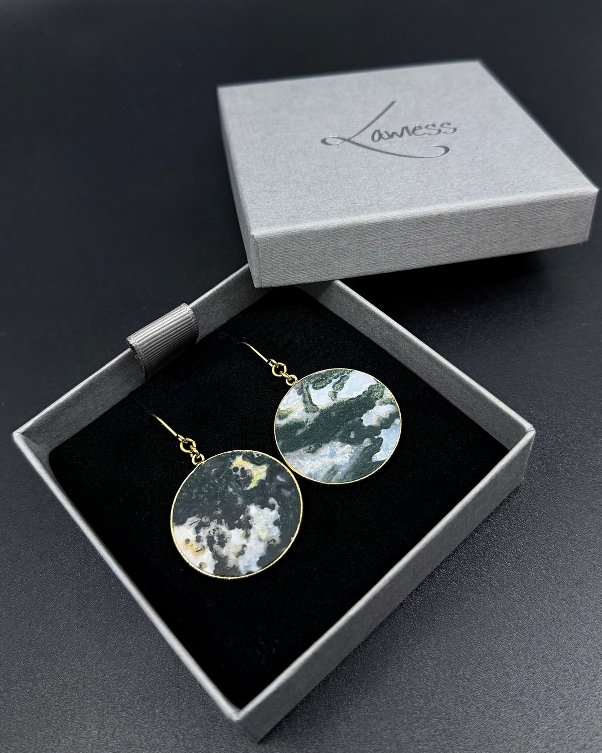 Nebulae Trace Earrings in Moss Agate featuring 30mm translucent white and green gemstone discs with gold stainless steel hooks, celestial drop earrings by Lawless Jewellery