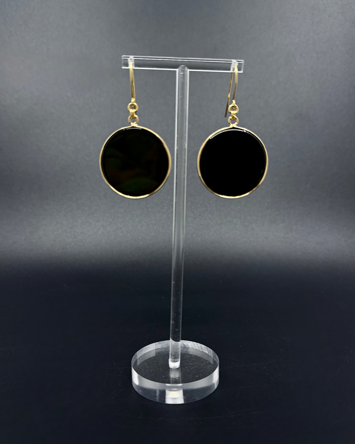 Nebulae Trace Earrings in Obsidian with 30mm black gemstone discs and gold stainless steel hooks, celestial drop earrings by Lawless Jewellery