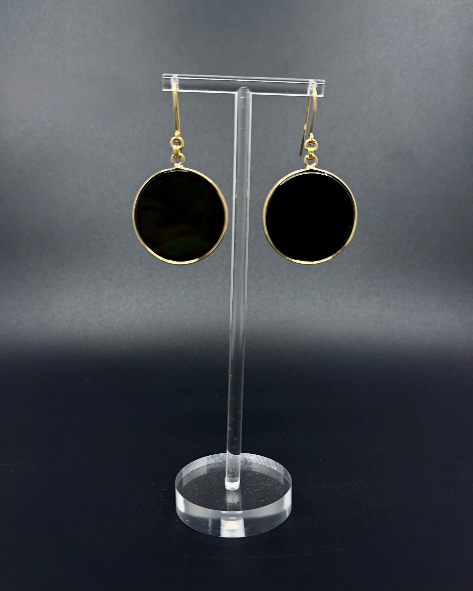 Nebulae Trace Earrings in Obsidian with 30mm black gemstone discs and gold stainless steel hooks, celestial drop earrings by Lawless Jewellery