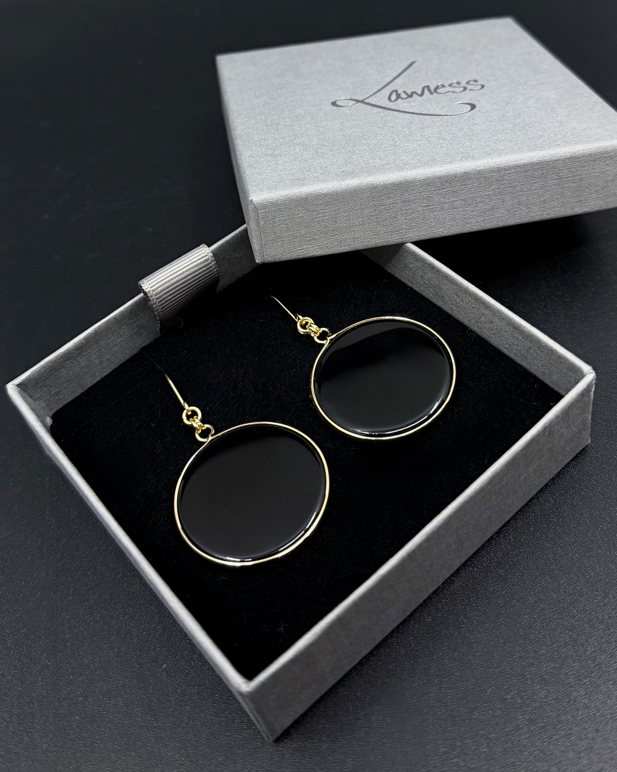 Nebulae Trace Earrings in Obsidian with 30mm black gemstone discs and gold stainless steel hooks, celestial drop earrings by Lawless Jewellery