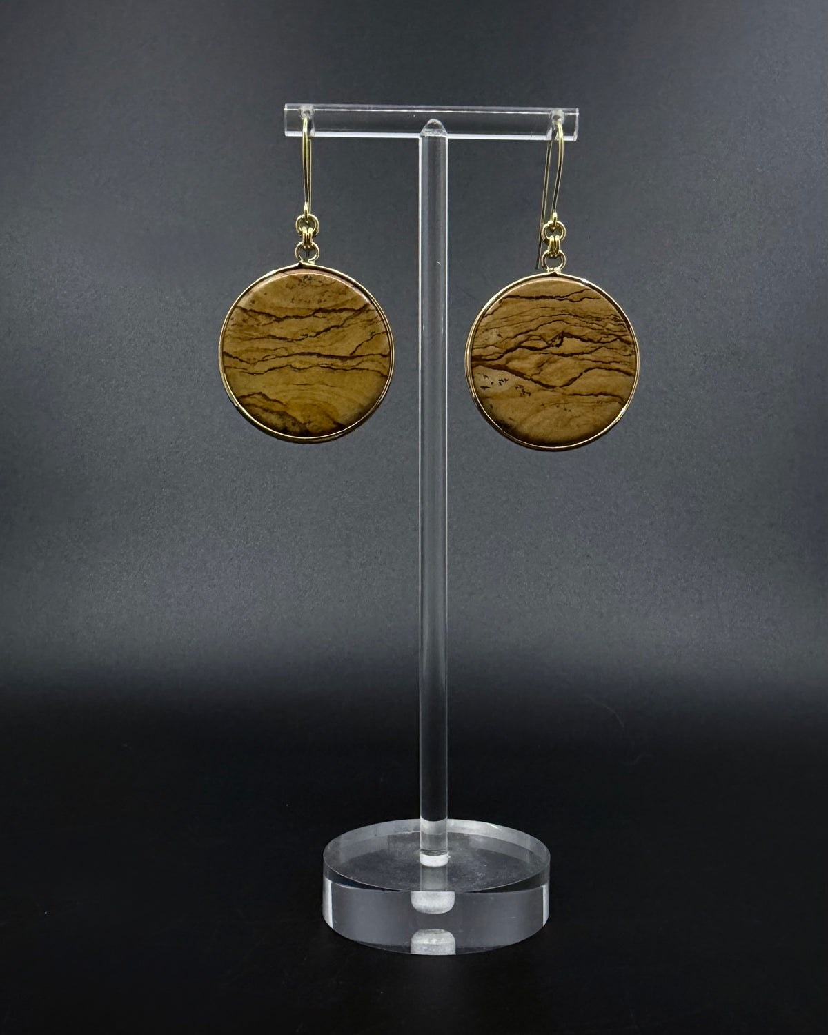 Nebulae Trace Earrings in Picture Jasper with 30mm earth-toned gemstone discs and gold stainless steel hooks, celestial drop earrings by Lawless Jewellery
