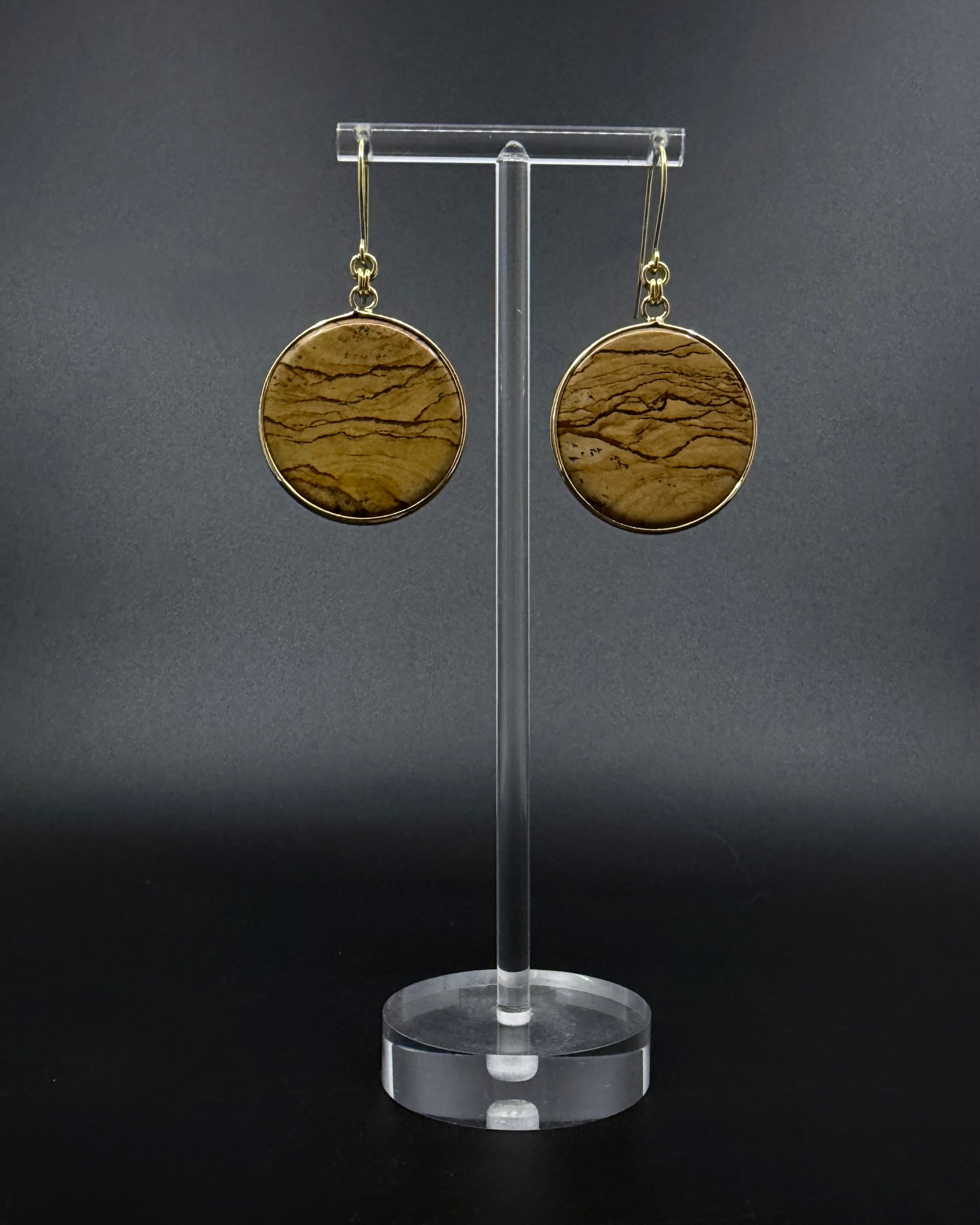 Nebulae Trace Earrings in Picture Jasper with 30mm earth-toned gemstone discs and gold stainless steel hooks, celestial drop earrings by Lawless Jewellery
