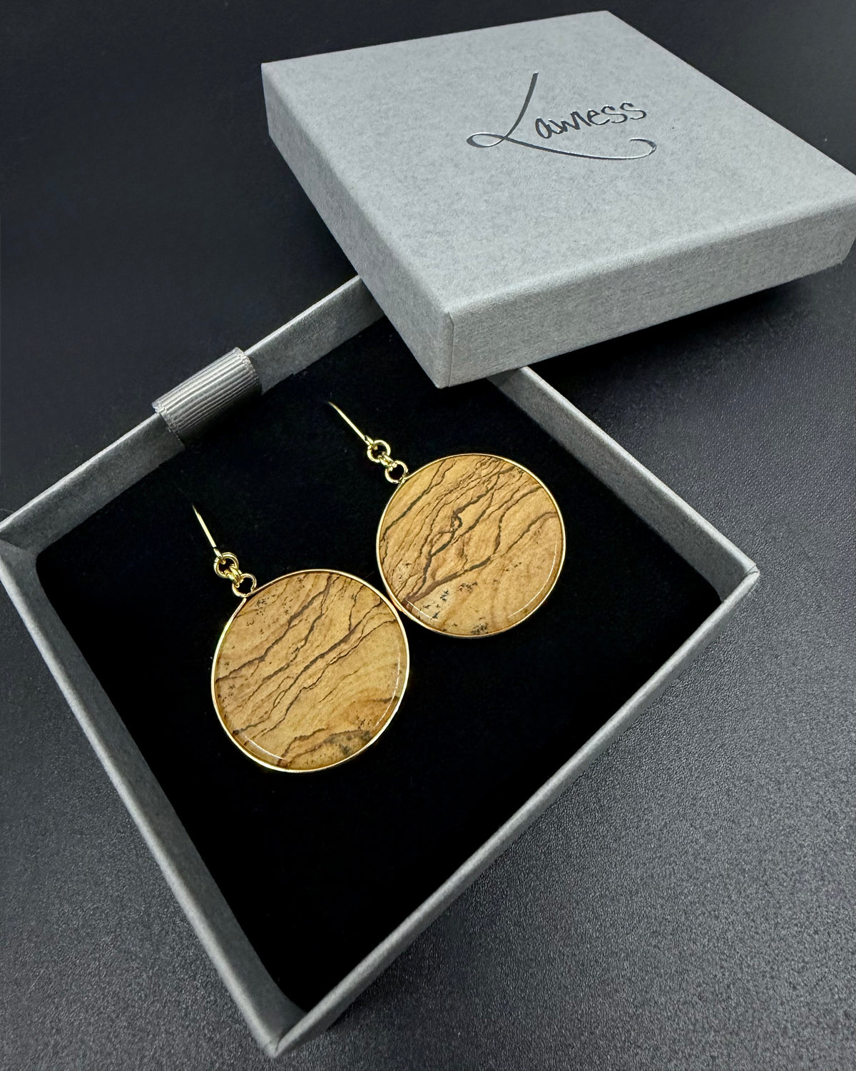 Nebulae Trace Earrings in Picture Jasper with 30mm earth-toned gemstone discs and gold stainless steel hooks, celestial drop earrings by Lawless Jewellery