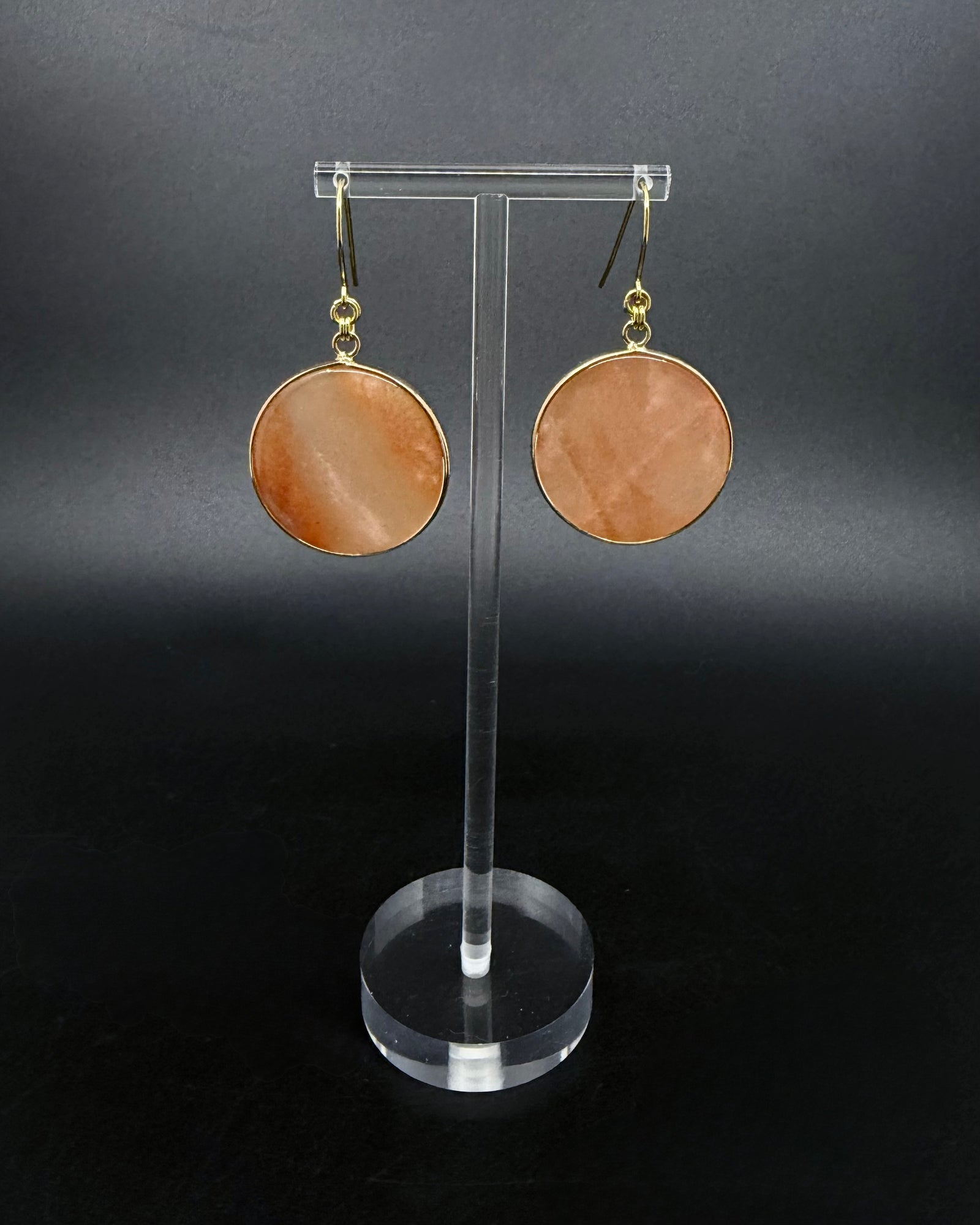 Nebulae Trace Earrings in Pink Aventurine with 30mm soft pink gemstone discs and gold stainless steel hooks, celestial drop earrings by Lawless Jewellery