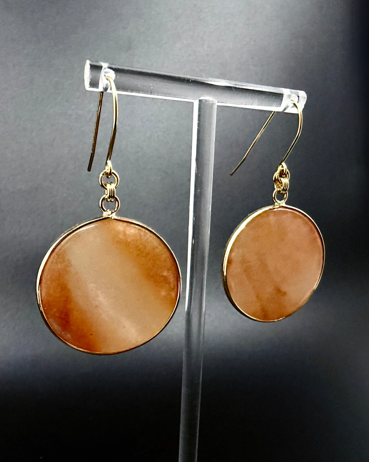 Nebulae Trace Earrings in Pink Aventurine with 30mm soft pink gemstone discs and gold stainless steel hooks, celestial drop earrings by Lawless Jewellery