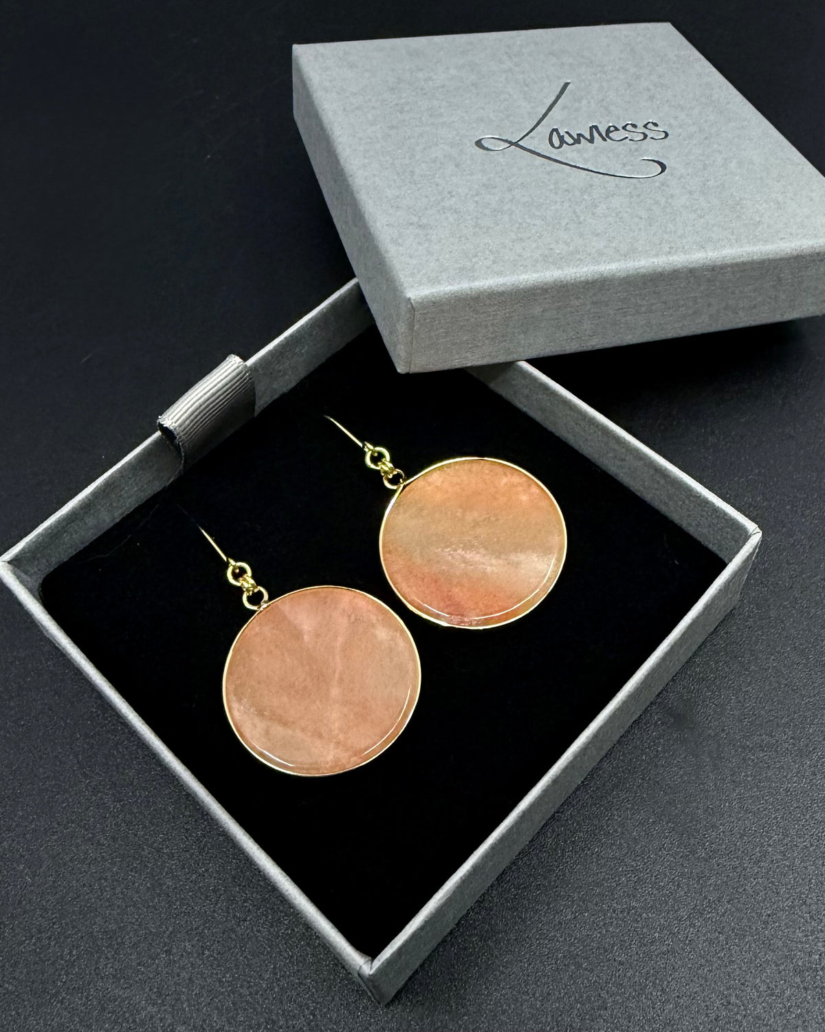 Nebulae Trace Earrings in Pink Aventurine with 30mm soft pink gemstone discs and gold stainless steel hooks, celestial drop earrings by Lawless Jewellery