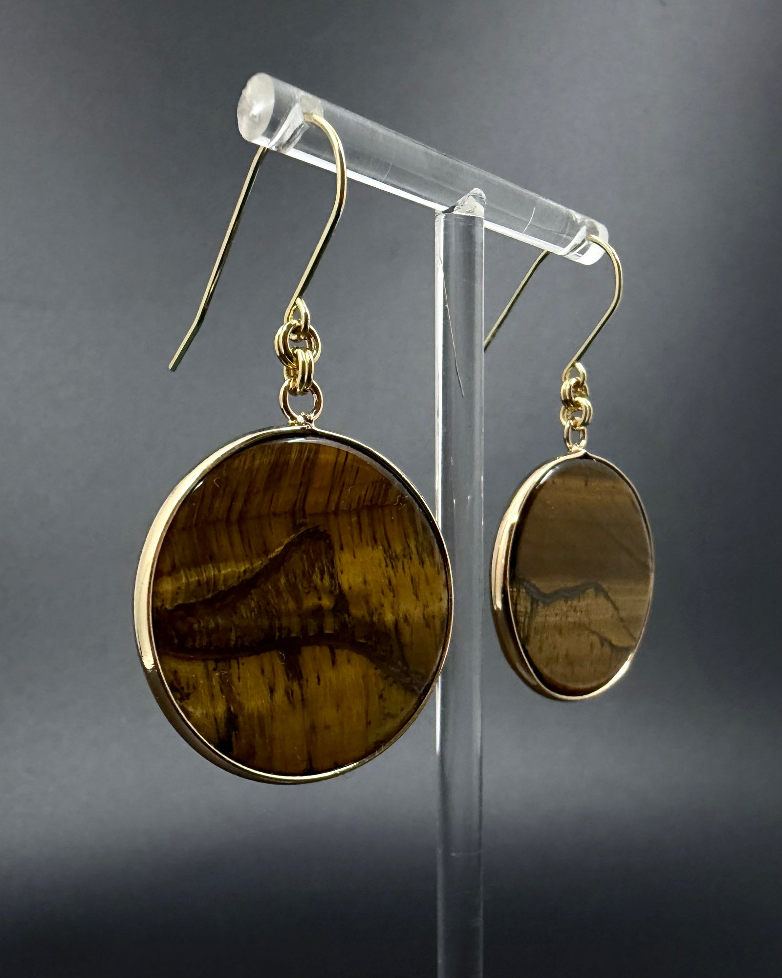 Nebulae Trace Earrings in Tiger Eye with 30mm brown and gold banded gemstone discs and gold stainless steel hooks, celestial drop earrings by Lawless Jewellery
