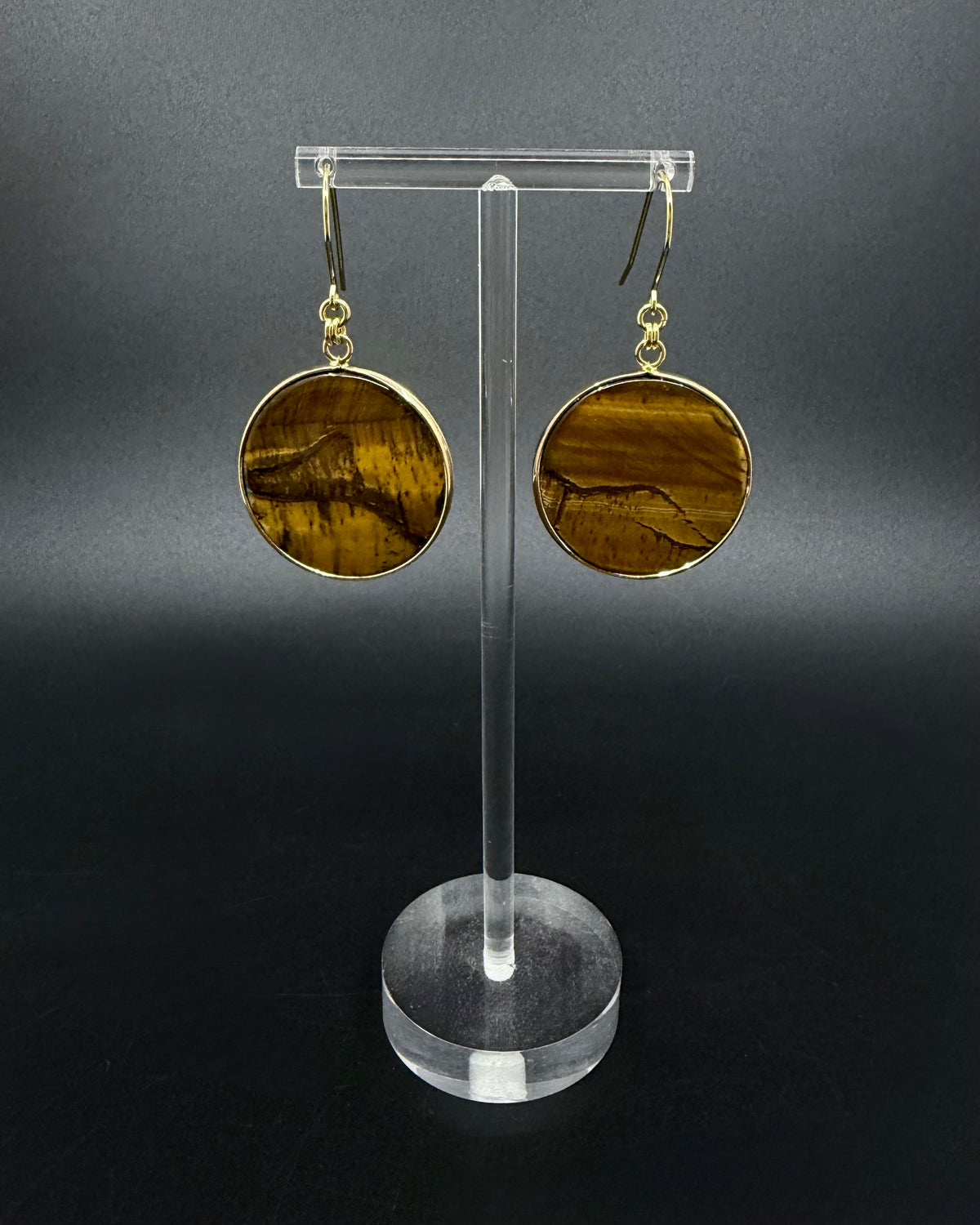 Nebulae Trace Earrings in Tiger Eye with 30mm brown and gold banded gemstone discs and gold stainless steel hooks, celestial drop earrings by Lawless Jewellery