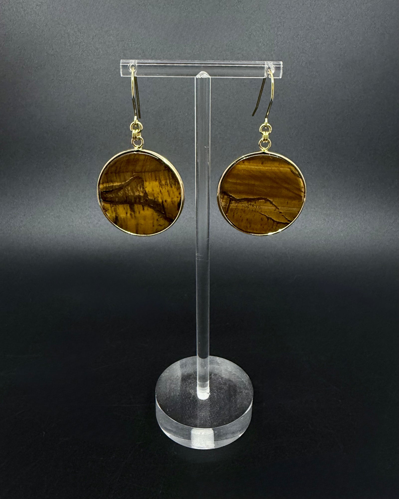 Nebulae Trace Earrings in Tiger Eye with 30mm brown and gold banded gemstone discs and gold stainless steel hooks, celestial drop earrings by Lawless Jewellery