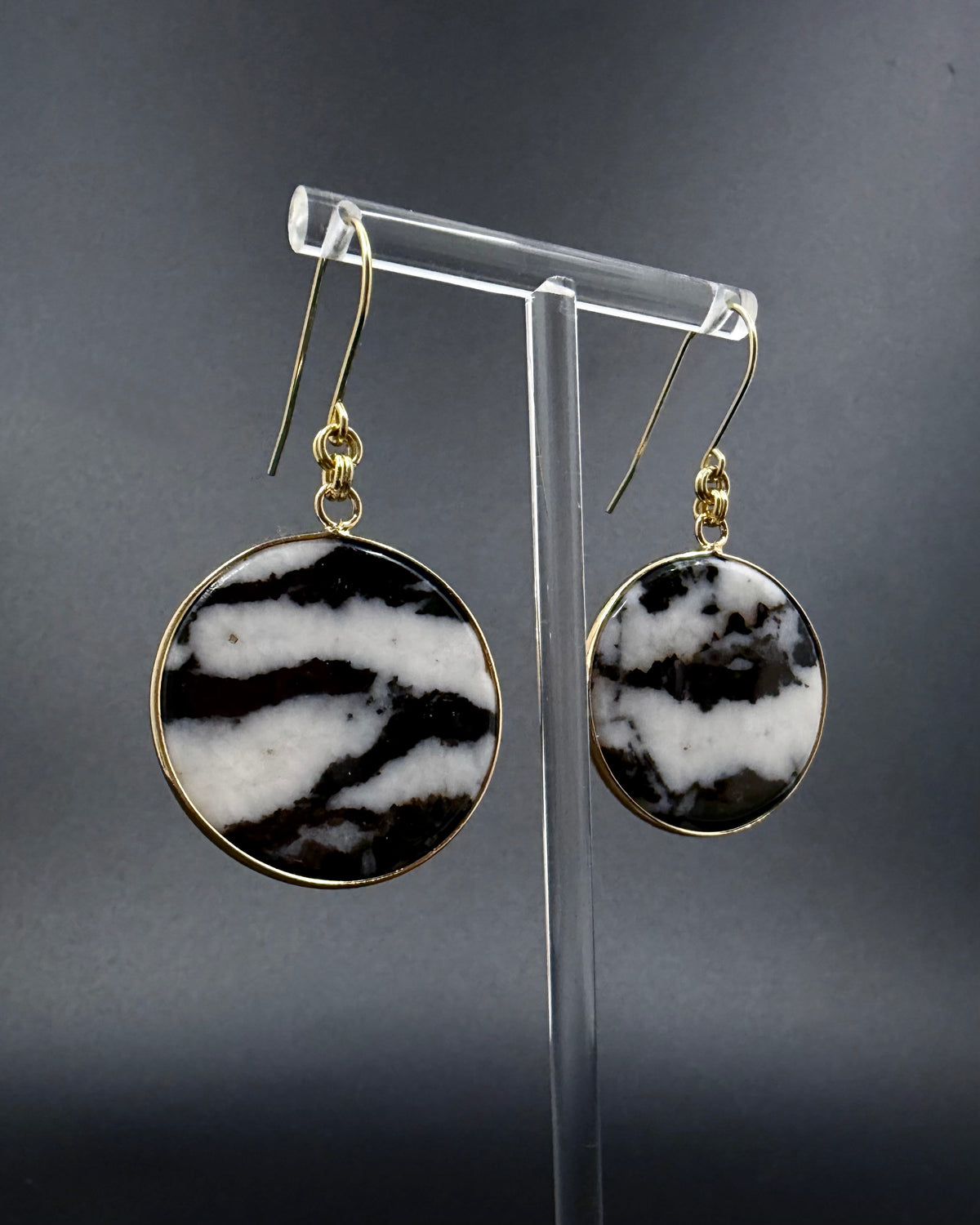 Nebulae Trace Earrings in Zebra Agate with 30mm black and white banded gemstone discs and gold stainless steel hooks, celestial drop earrings by Lawless Jewellery