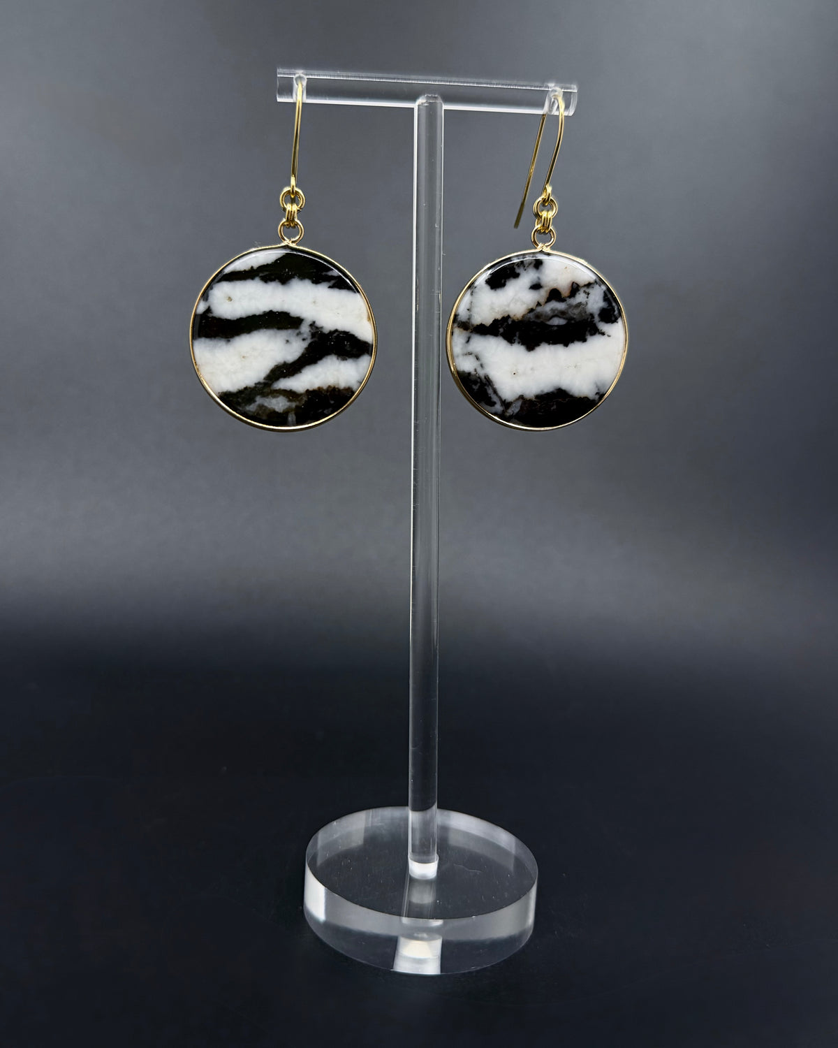 Nebulae Trace Earrings in Zebra Agate with 30mm black and white banded gemstone discs and gold stainless steel hooks, celestial drop earrings by Lawless Jewellery