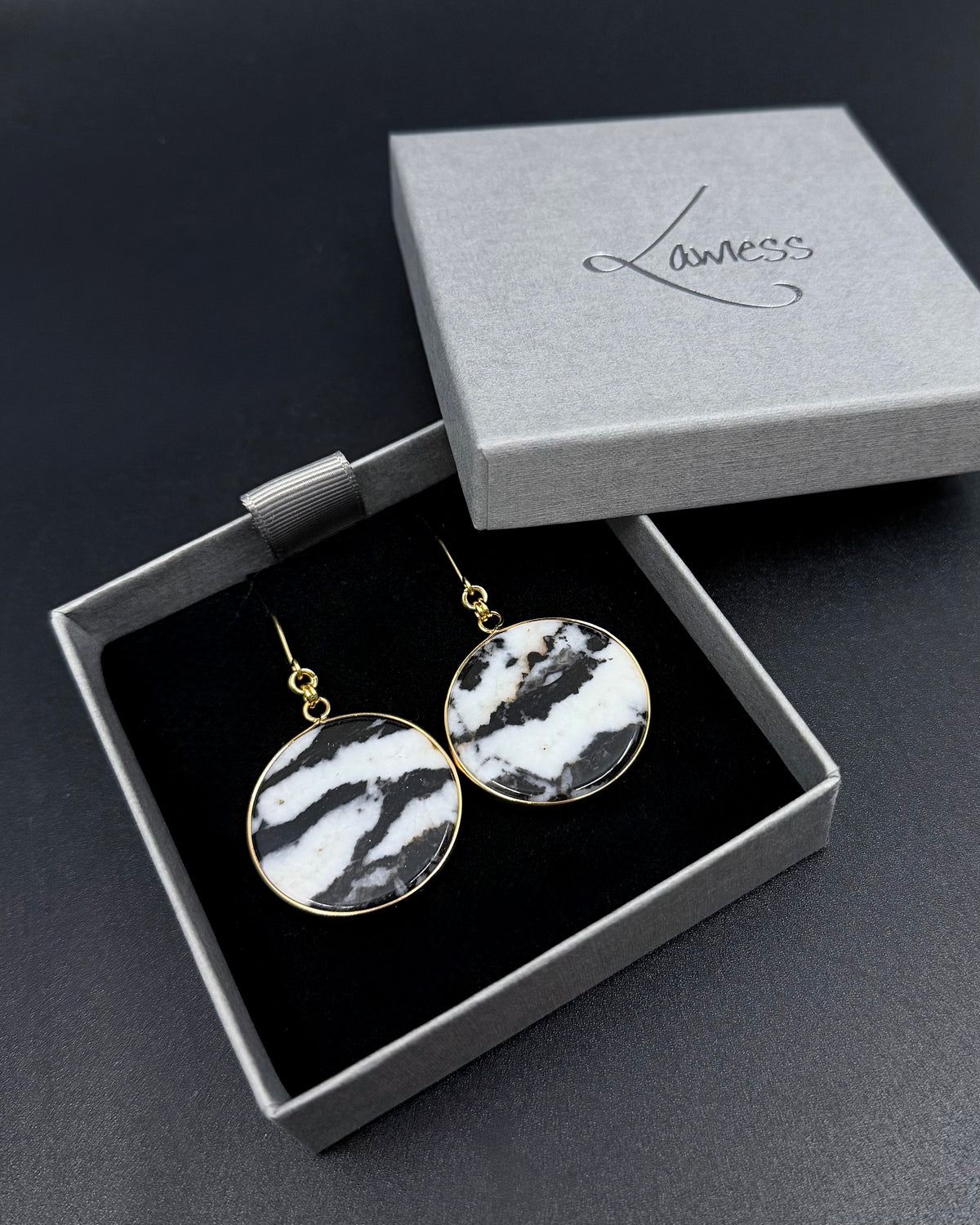 Nebulae Trace Earrings in Zebra Agate with 30mm black and white banded gemstone discs and gold stainless steel hooks, celestial drop earrings by Lawless Jewellery