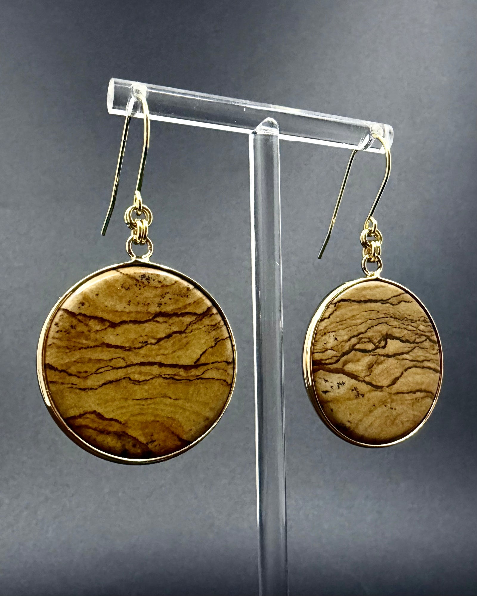 Nebulae Trace Earrings in Picture Jasper with 30mm earth-toned gemstone discs and gold stainless steel hooks, celestial drop earrings by Lawless Jewellery