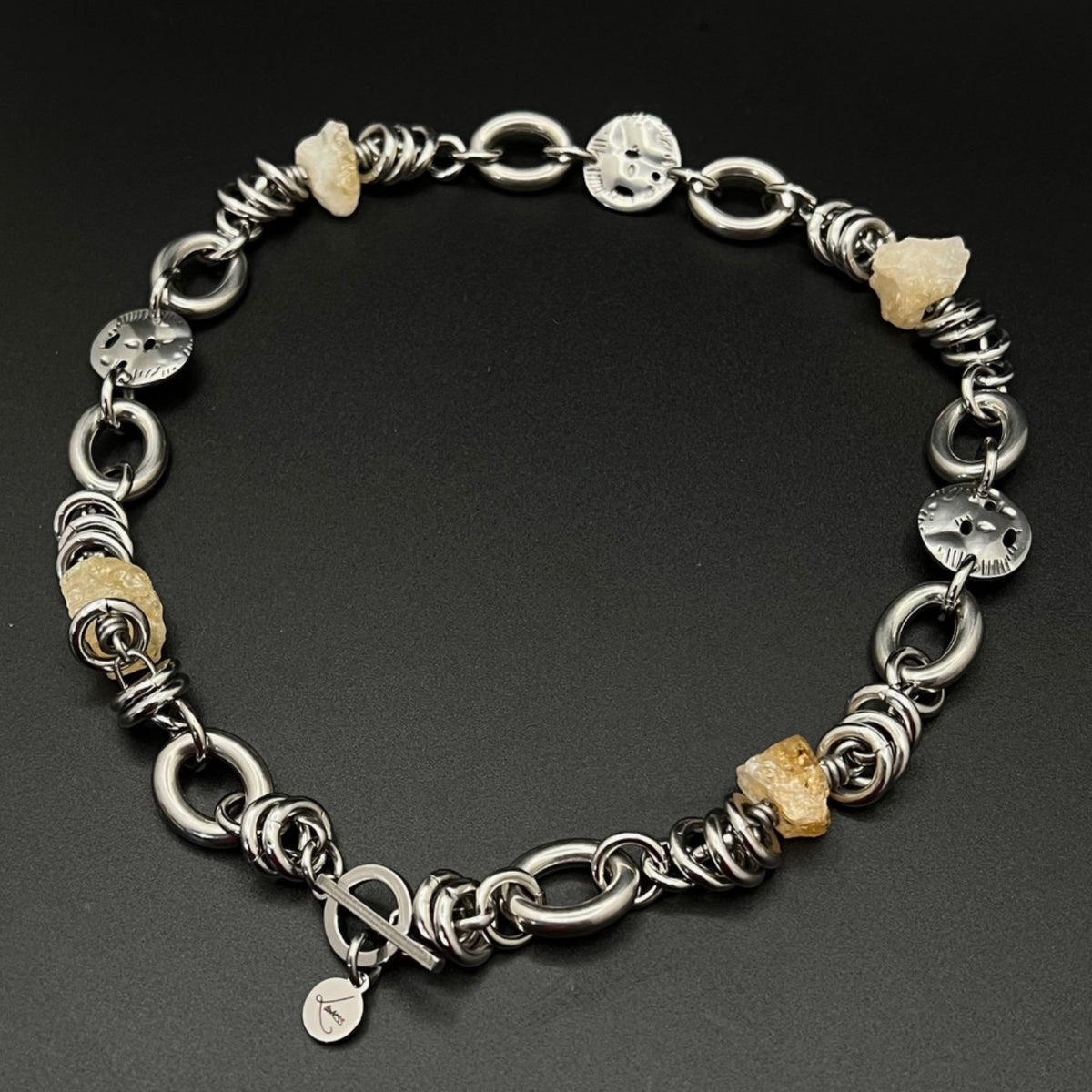 Stainless steel link-chain necklace with raw golden Citrine nuggets (approx. 15 × 10 mm each) and toggle clasp, 48 cm length — Lawless Jewellery.