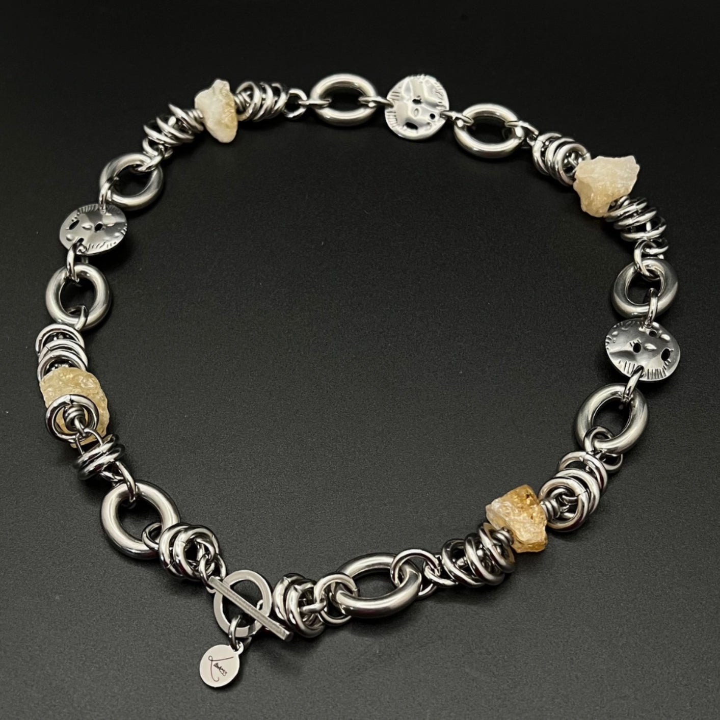 Stainless steel link-chain necklace with raw golden Citrine nuggets (approx. 15 × 10 mm each) and toggle clasp, 48 cm length — Lawless Jewellery.