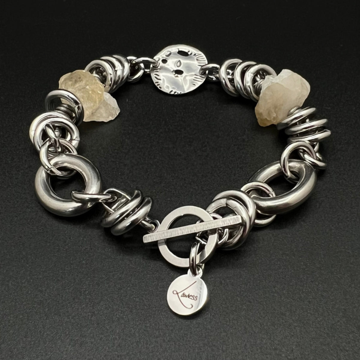 Stainless steel link bracelet featuring raw golden Citrine nuggets (approx. 15 × 10 mm) with toggle clasp, 20 cm length — Lawless Jewellery