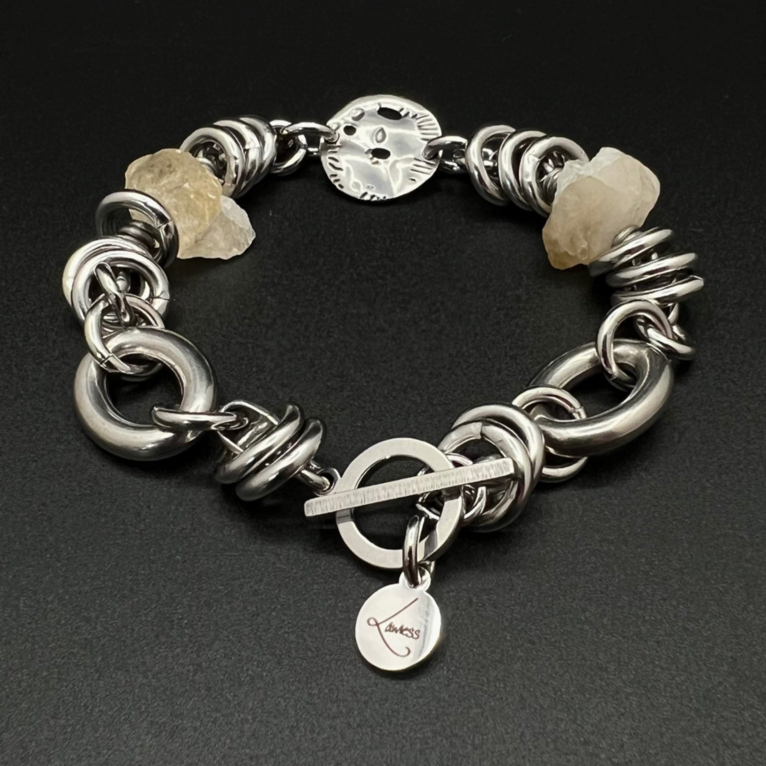 Stainless steel link bracelet featuring raw golden Citrine nuggets (approx. 15 × 10 mm) with toggle clasp, 20 cm length — Lawless Jewellery