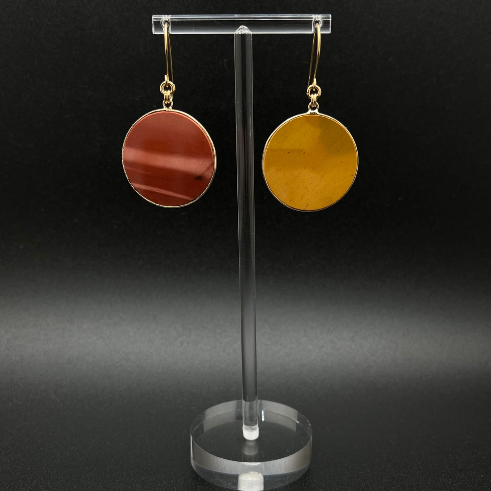 Gold-framed natural Mookaite stone earrings in red and yellow tones with gold-plated stainless steel ear fittings, 5.5 cm length — Lawless Jewellery.