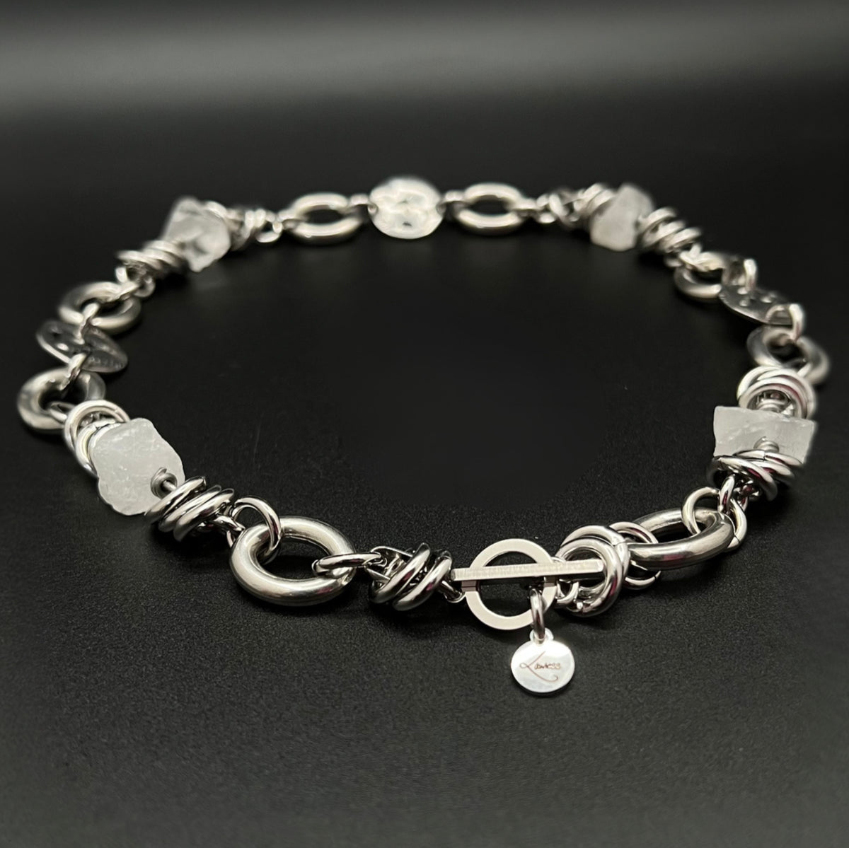 Silver-tone stainless steel necklace with raw clear quartz crystal nuggets (approx. 15 × 10 mm) and toggle clasp, 47 cm length — Lawless Jewellery.