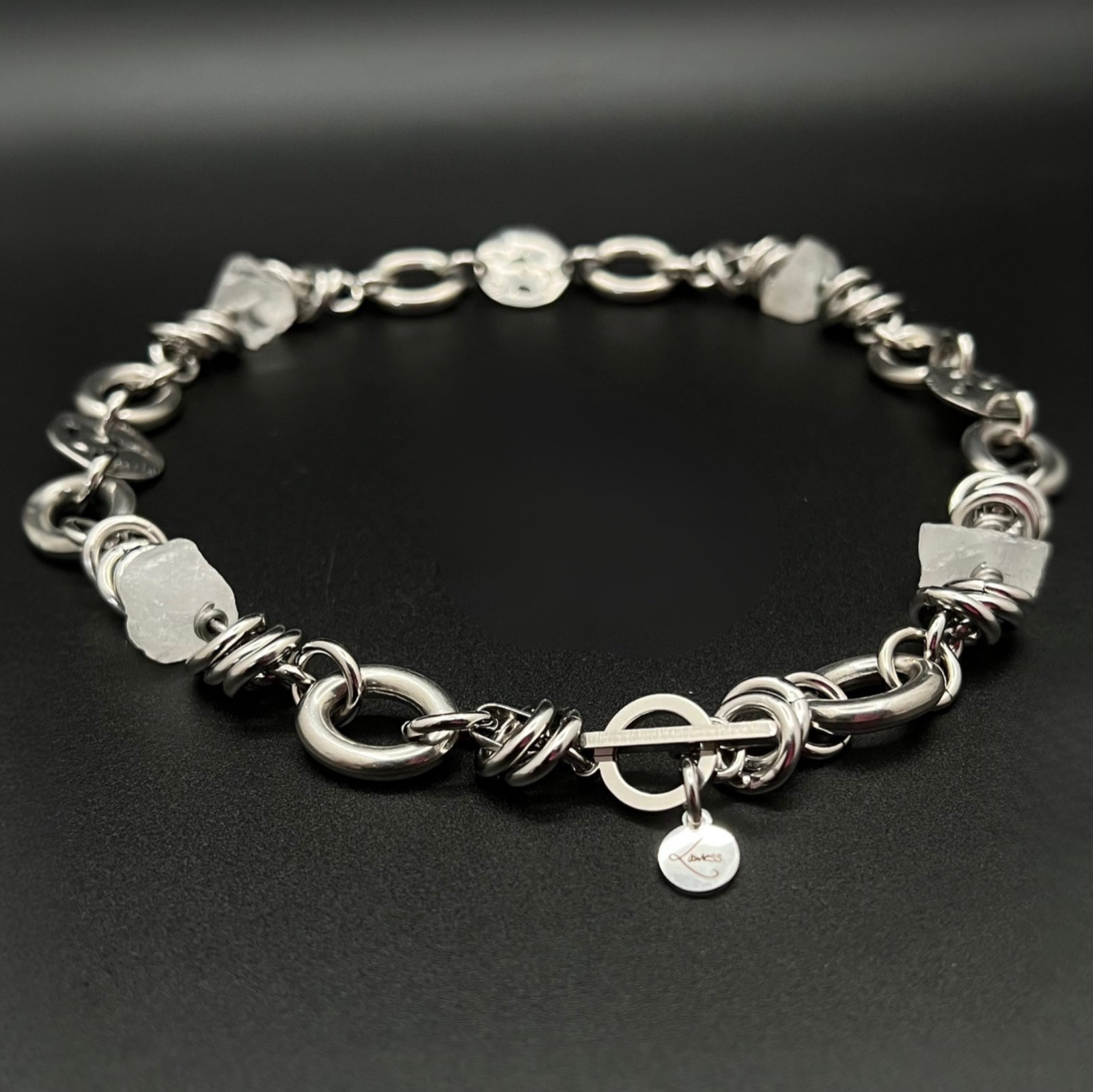Silver-tone stainless steel necklace with raw clear quartz crystal nuggets (approx. 15 × 10 mm) and toggle clasp, 47 cm length — Lawless Jewellery.