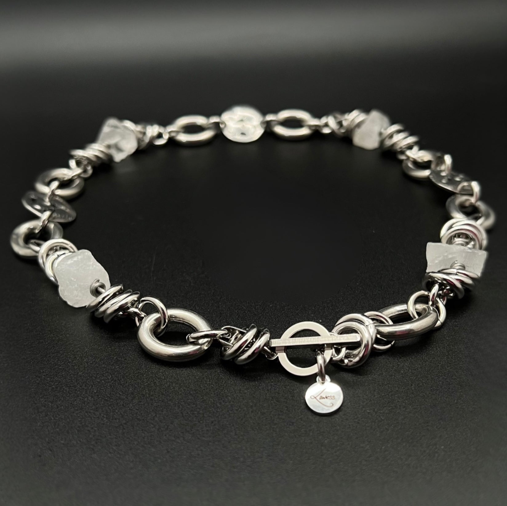 Silver-tone stainless steel necklace with raw clear quartz crystal nuggets (approx. 15 × 10 mm) and toggle clasp, 47 cm length — Lawless Jewellery.