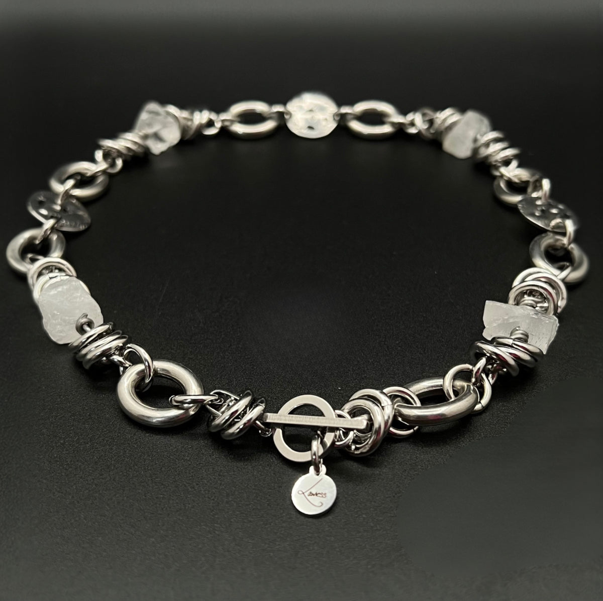 Silver-tone stainless steel necklace with raw clear quartz crystal nuggets (approx. 15 × 10 mm) and toggle clasp, 47 cm length — Lawless Jewellery.