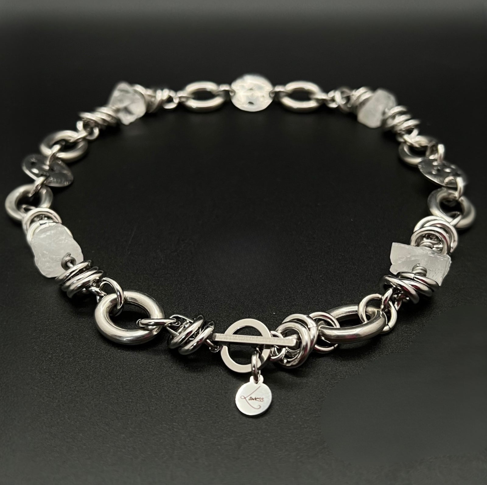 Silver-tone stainless steel necklace with raw clear quartz crystal nuggets (approx. 15 × 10 mm) and toggle clasp, 47 cm length — Lawless Jewellery.