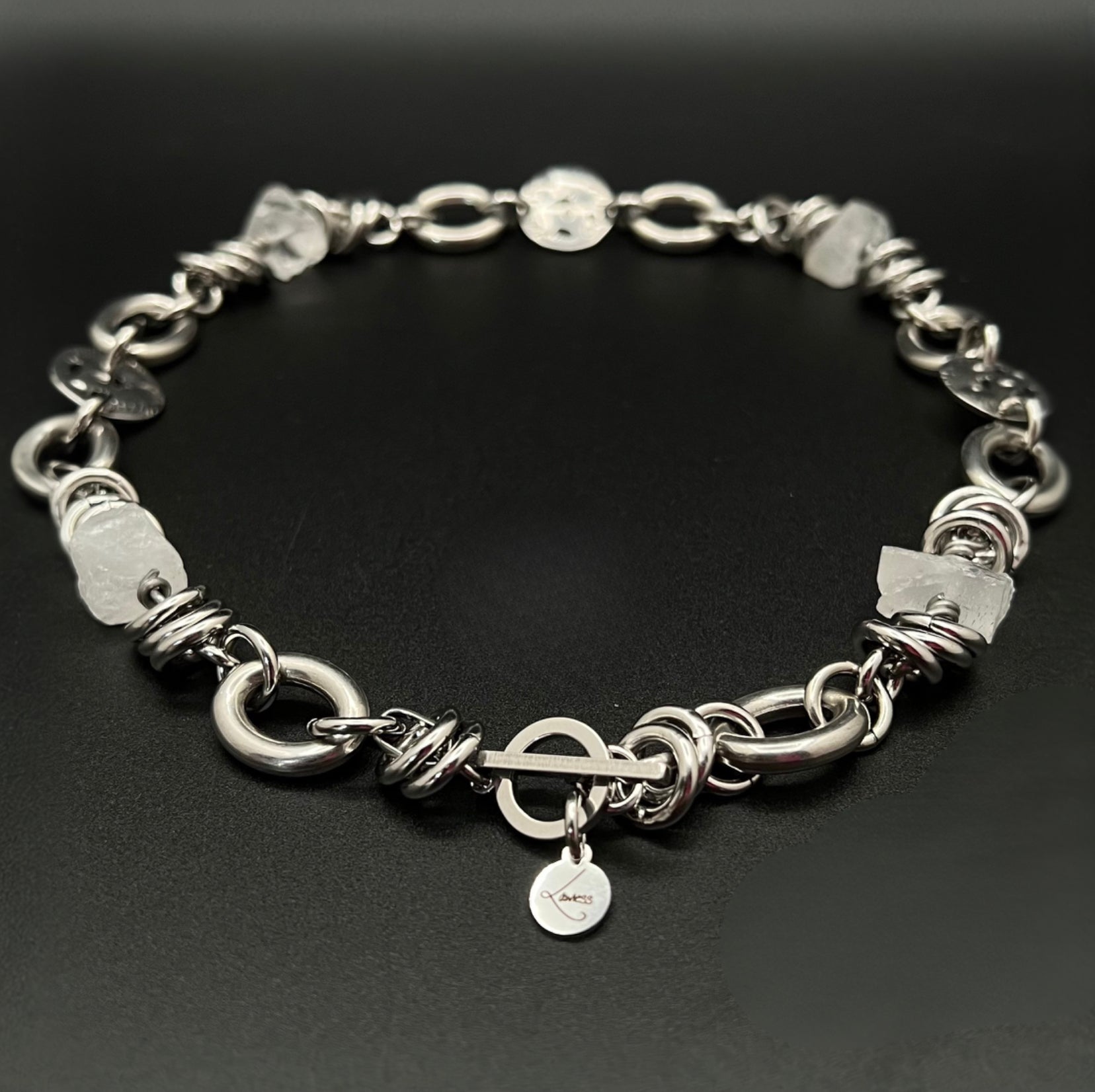 Silver-tone stainless steel necklace with raw clear quartz crystal nuggets (approx. 15 × 10 mm) and toggle clasp, 47 cm length — Lawless Jewellery.