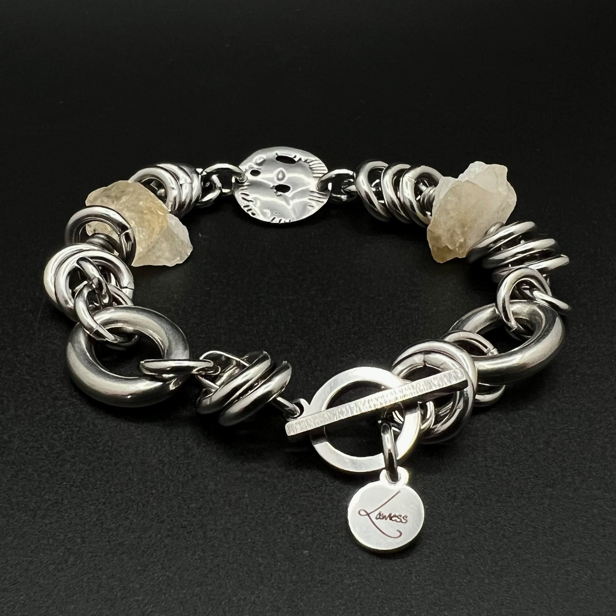 Stainless steel link bracelet featuring raw golden Citrine nuggets (approx. 15 × 10 mm) with toggle clasp, 20 cm length — Lawless Jewellery