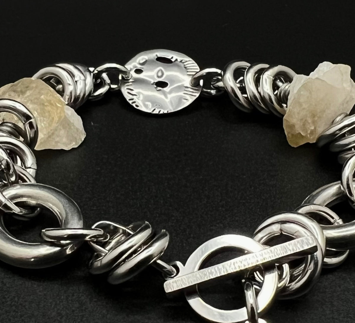 Stainless steel link bracelet featuring raw golden Citrine nuggets (approx. 15 × 10 mm) with toggle clasp, 20 cm length — Lawless Jewellery