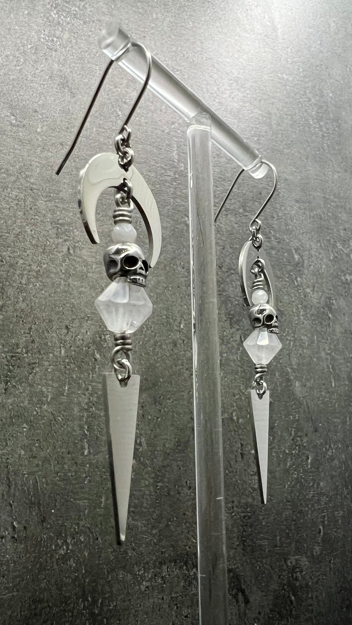 Silver stainless steel earrings featuring Moonstone, Quartz Crystal, and small skull details — limited edition design from The Shadow Edit — Lawless Jewellery