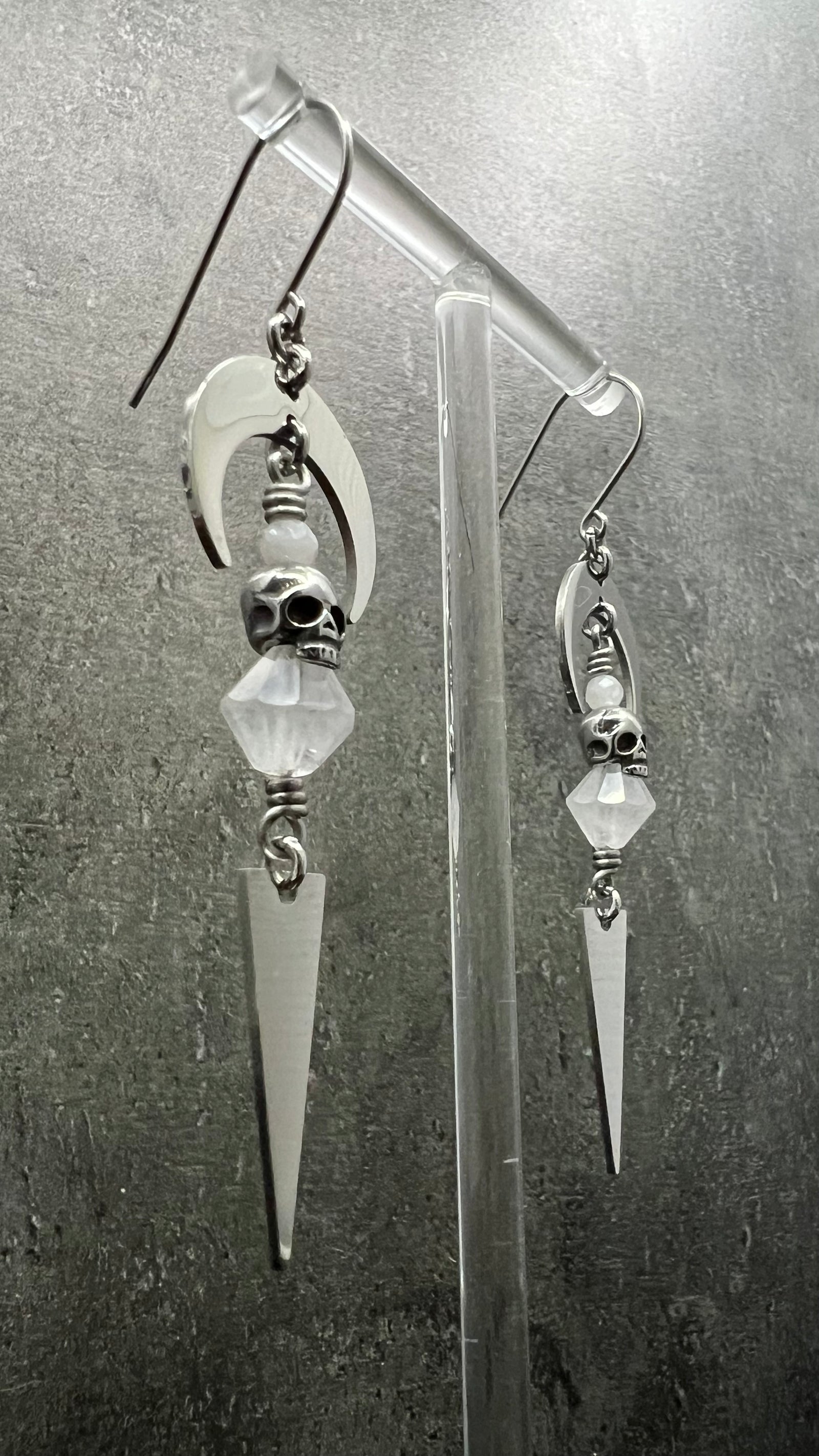 Silver stainless steel earrings featuring Moonstone, Quartz Crystal, and small skull details — limited edition design from The Shadow Edit — Lawless Jewellery