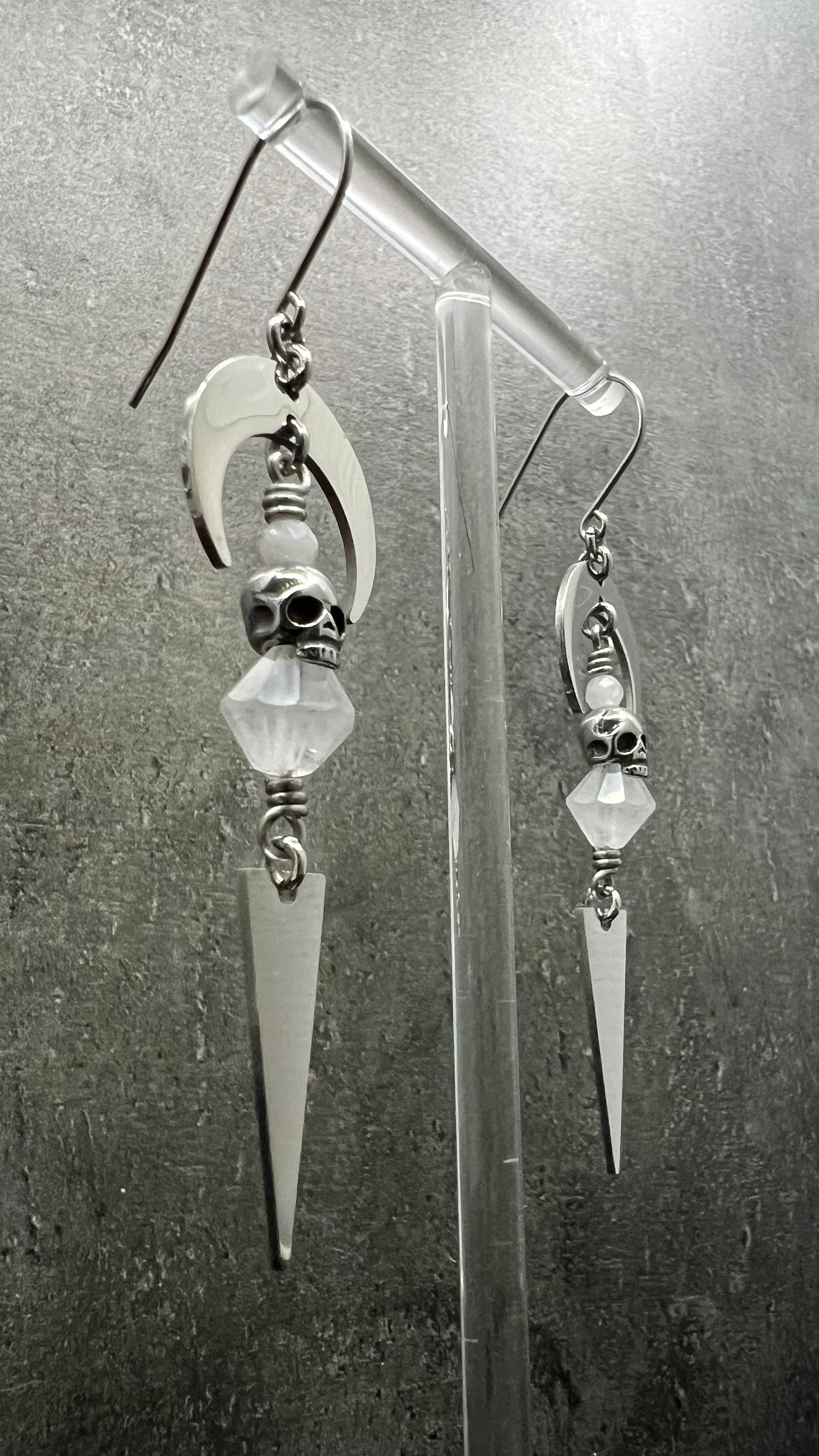 Silver stainless steel earrings featuring Moonstone, Quartz Crystal, and small skull details — limited edition design from The Shadow Edit — Lawless Jewellery