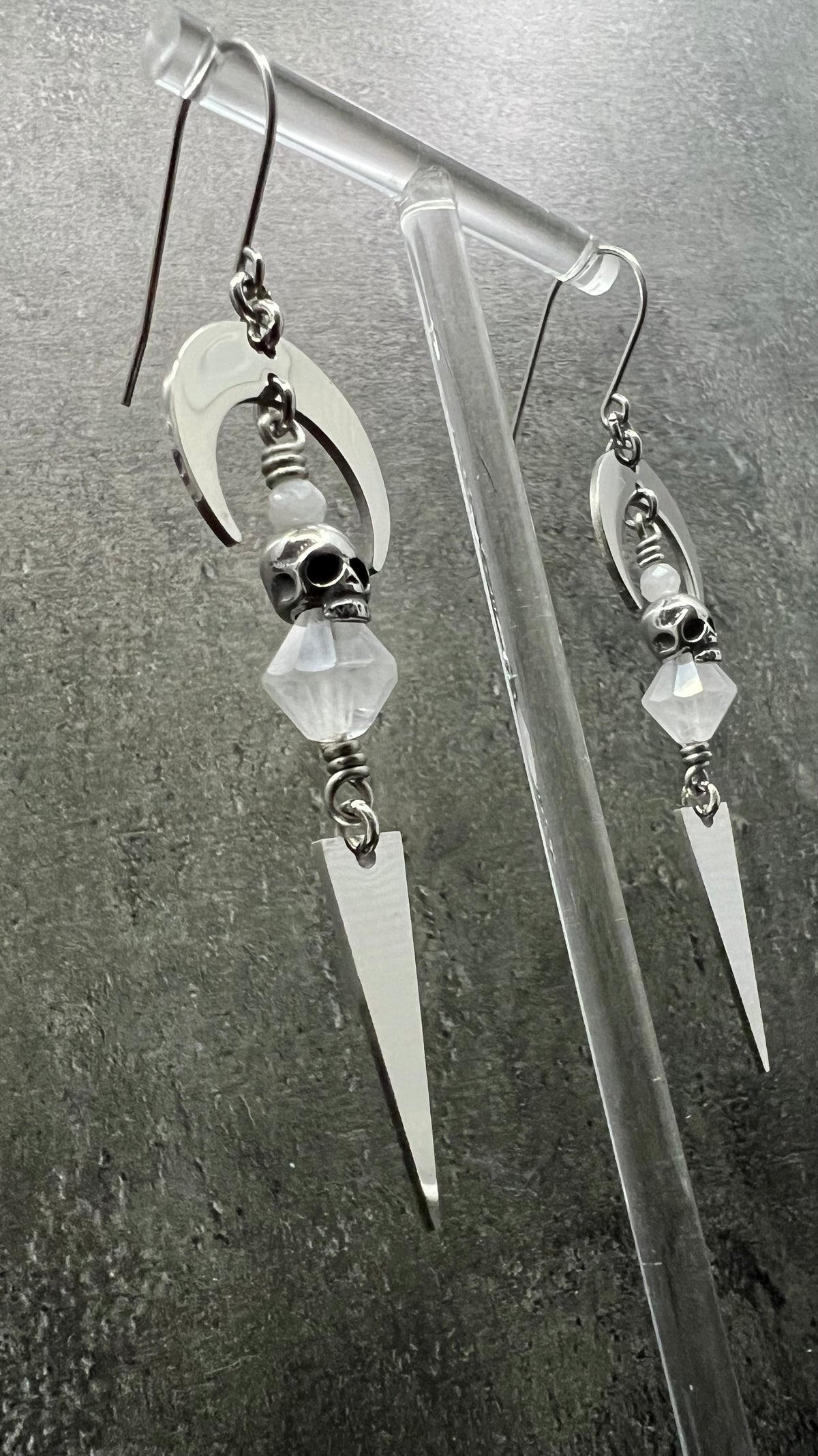 Silver stainless steel earrings featuring Moonstone, Quartz Crystal, and small skull details — limited edition design from The Shadow Edit — Lawless Jewellery.