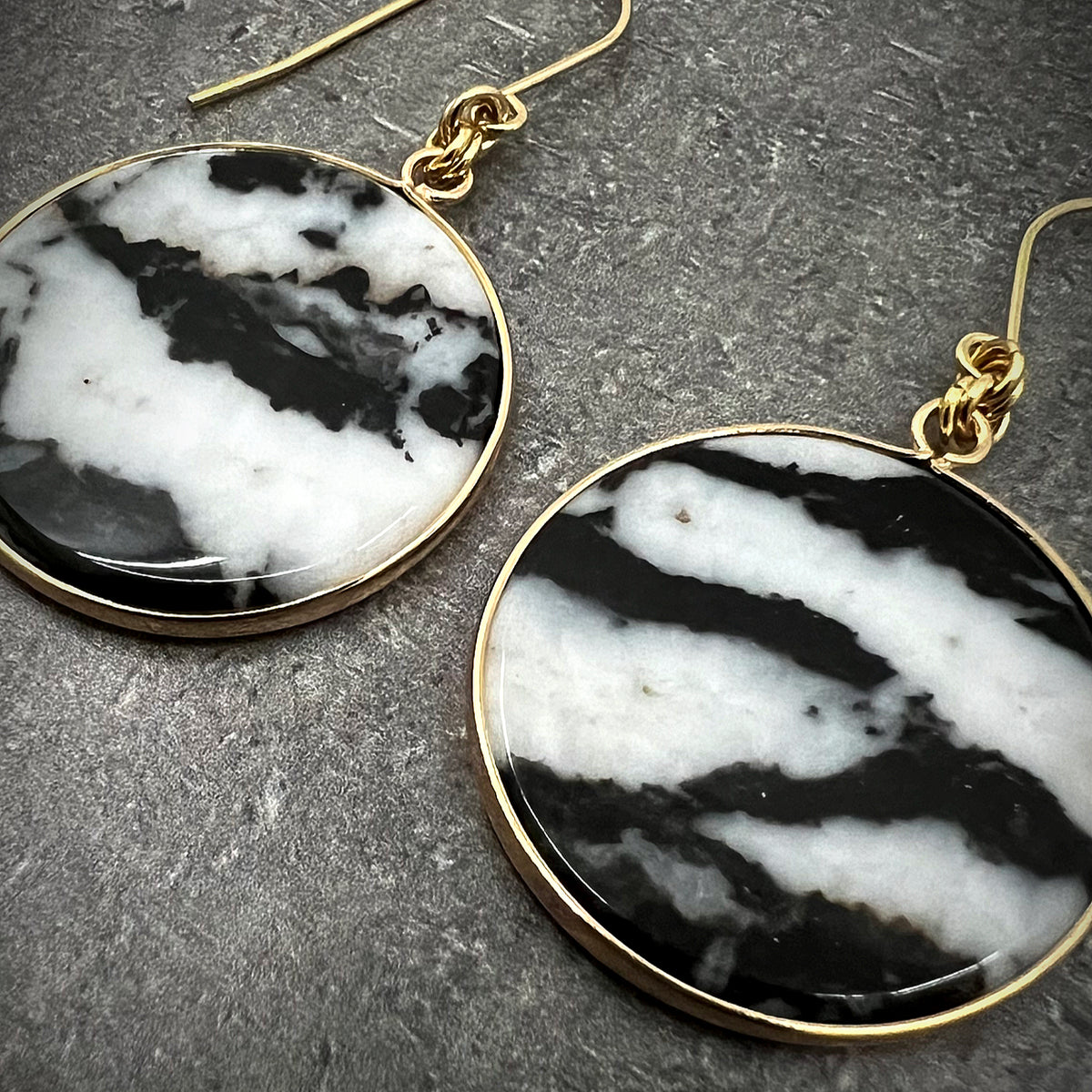 Black and white Zebra Agate earrings with stainless steel setting, each slice uniquely patterned in bold contrast — Lawless Jewellery