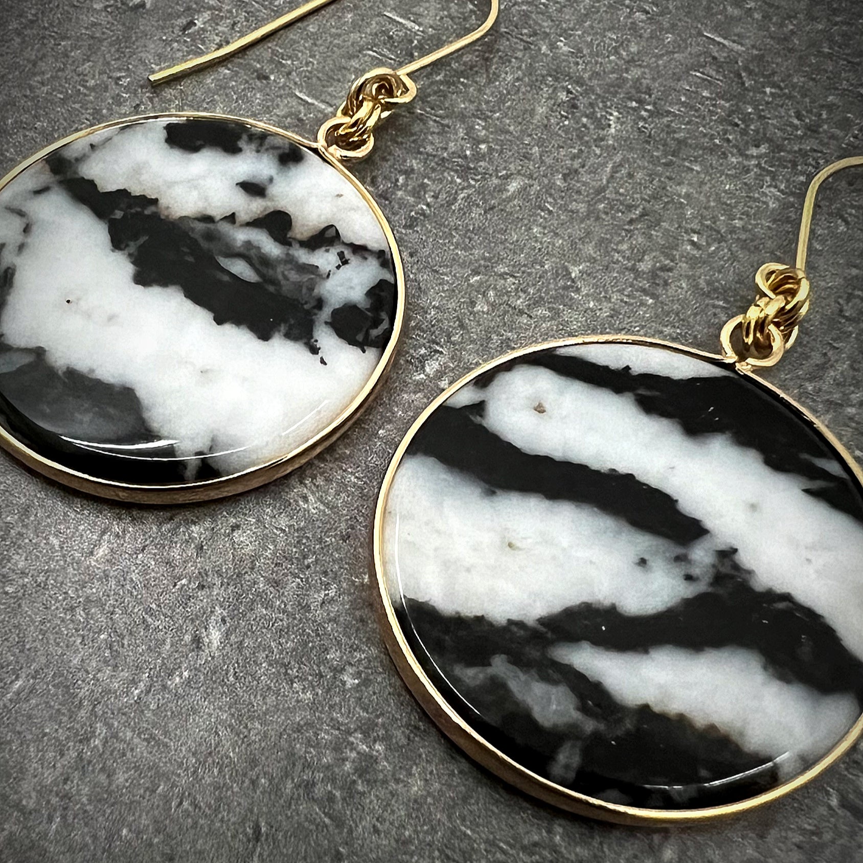 Black and white Zebra Agate earrings with stainless steel setting, each slice uniquely patterned in bold contrast — Lawless Jewellery