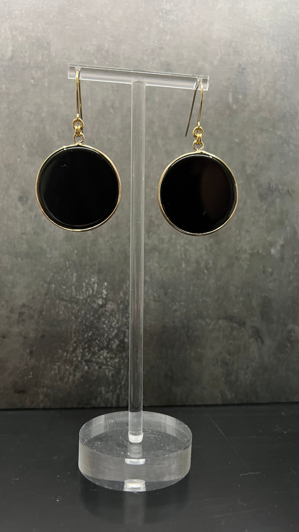 Black Obsidian gemstone earrings framed in gold stainless steel, limited edition design from the Nebulae Collection — Lawless Jewellery.