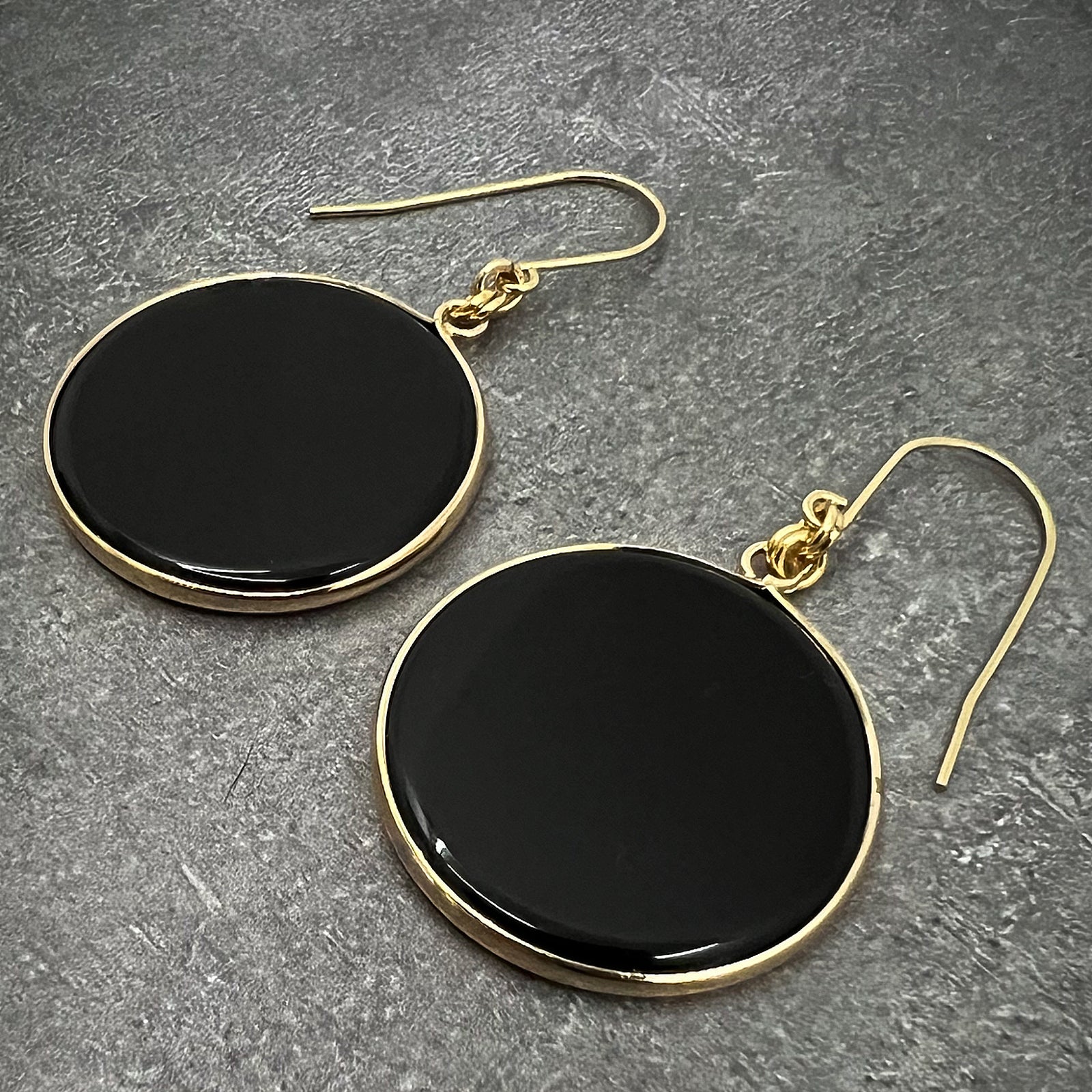 Black Obsidian gemstone earrings framed in gold stainless steel, limited edition design from the Nebulae Collection — Lawless Jewellery.