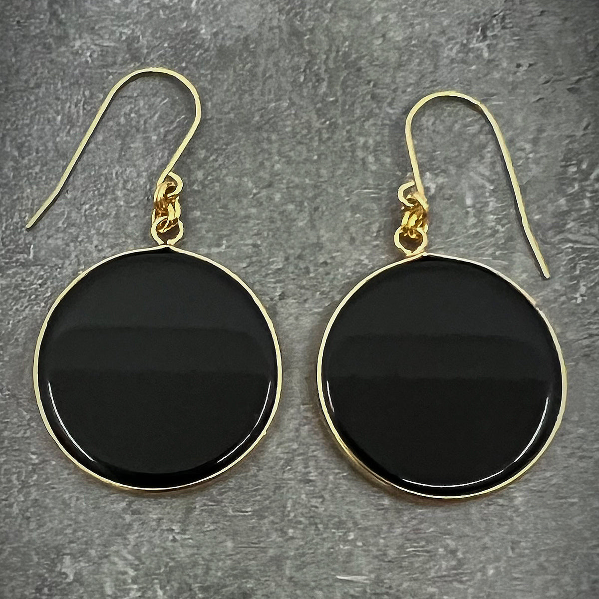 Black Obsidian gemstone earrings framed in gold stainless steel, limited edition design from the Nebulae Collection — Lawless Jewellery.