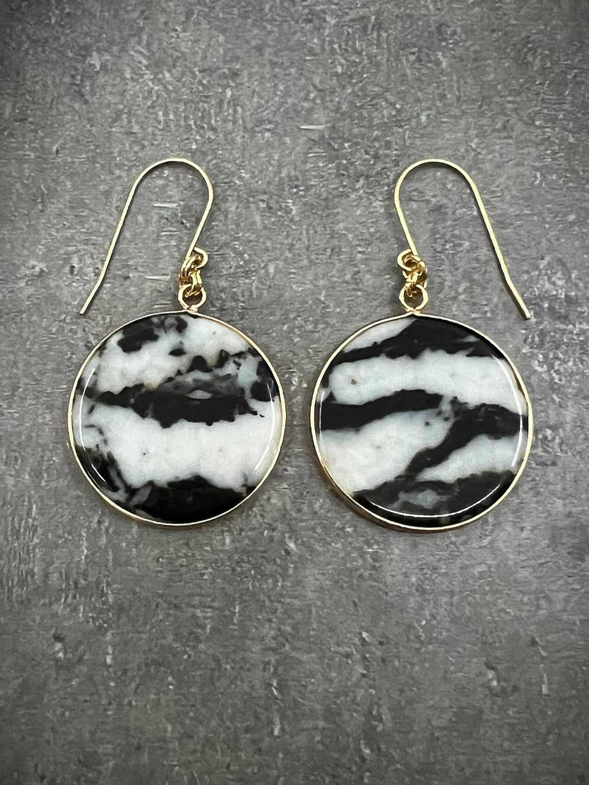 Black and white Zebra Agate earrings with stainless steel setting, each slice uniquely patterned in bold contrast — Lawless Jewellery