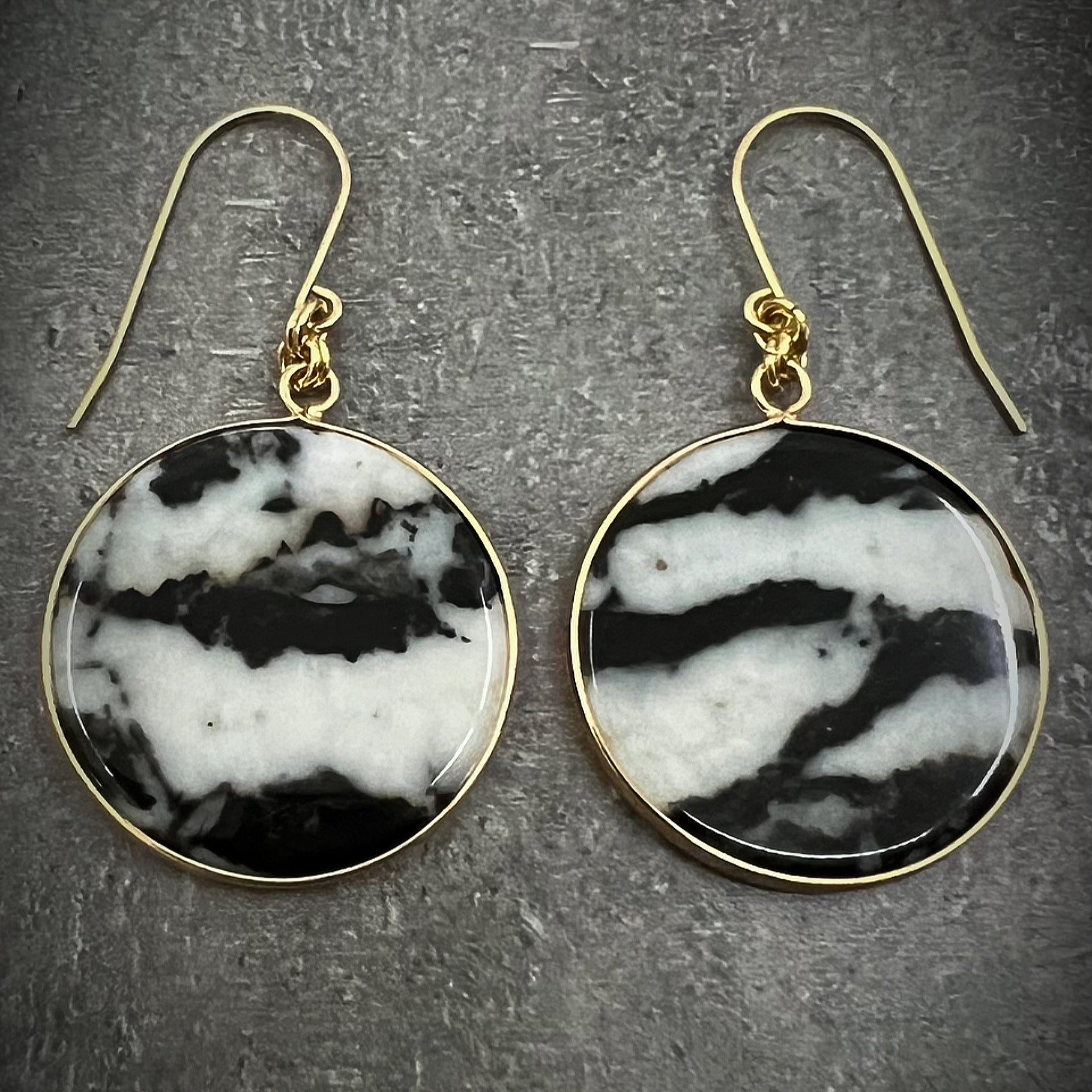 Black and white Zebra Agate earrings with stainless steel setting, each slice uniquely patterned in bold contrast — Lawless Jewellery