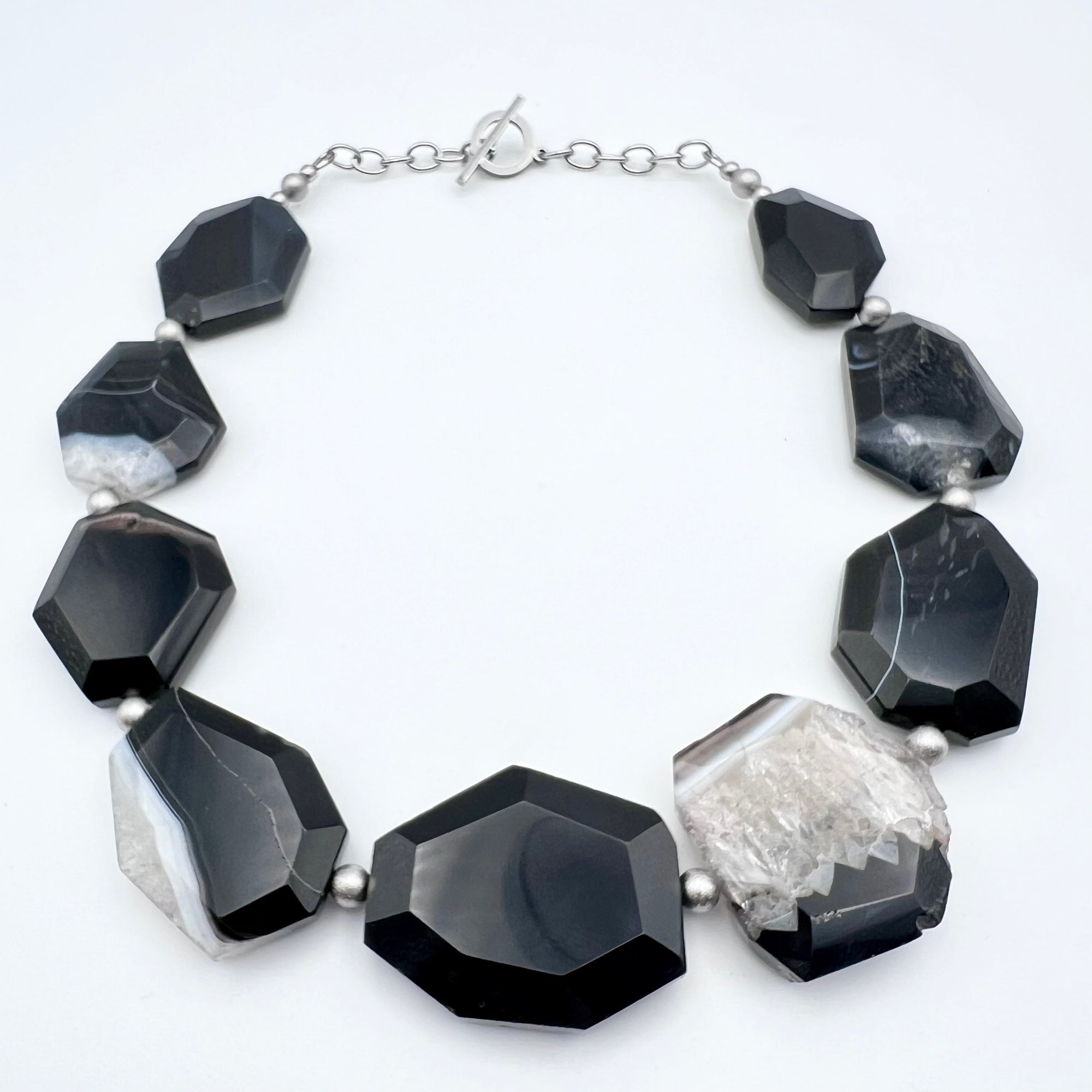 Faceted crystal Agate necklace with stainless steel chain and toggle clasp, gemstones in grey and white tones with sharp polished edges — Lawless Jewellery.
