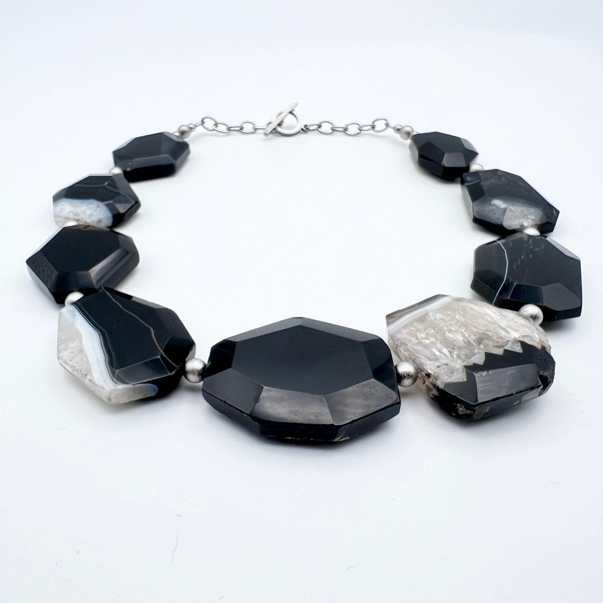 Faceted crystal Agate necklace with stainless steel chain and toggle clasp, gemstones in grey and white tones with sharp polished edges — Lawless Jewellery.