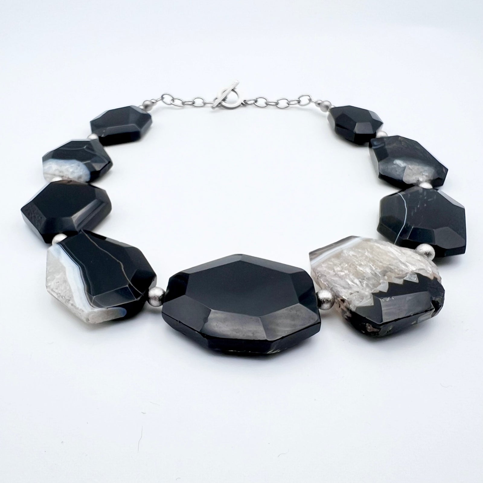 Faceted crystal Agate necklace with stainless steel chain and toggle clasp, gemstones in grey and white tones with sharp polished edges — Lawless Jewellery.